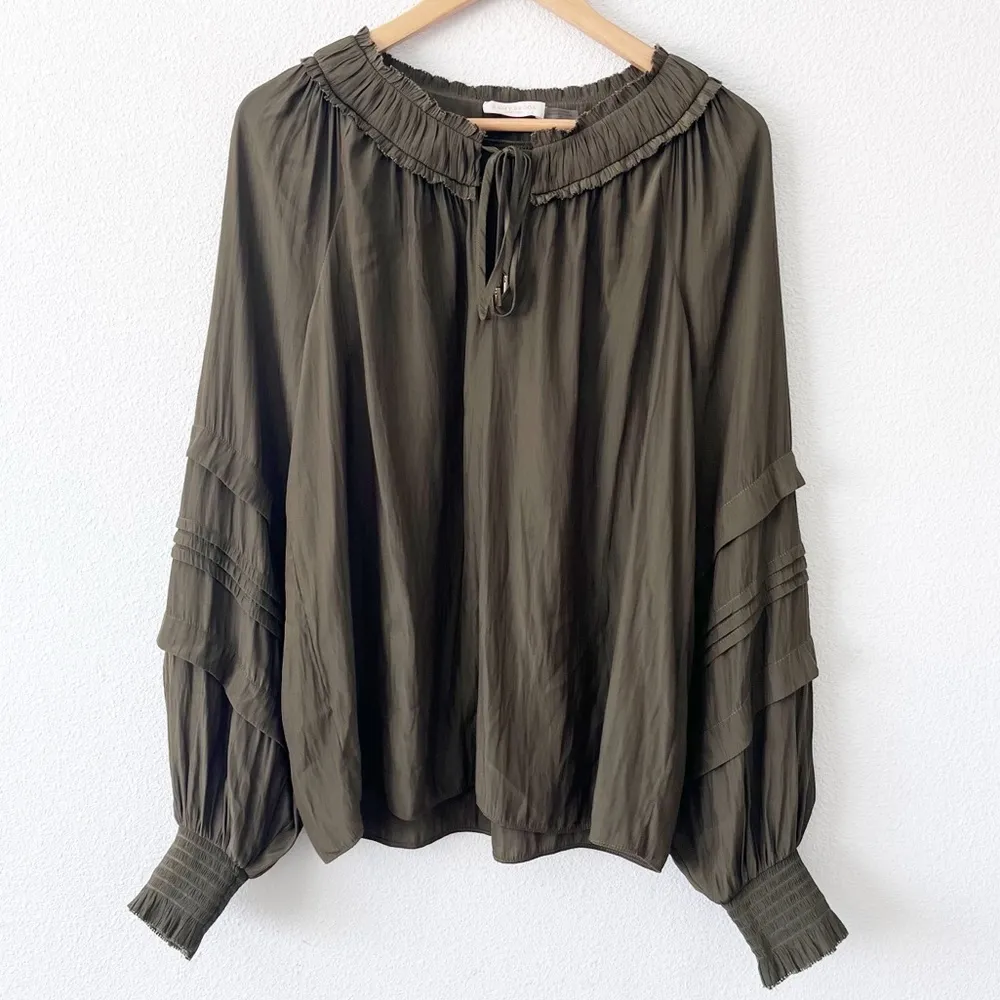 Ramy Brook Merry Ruffle Smocked Split Tie Neck Blouse Top in Olive Green - Image 2