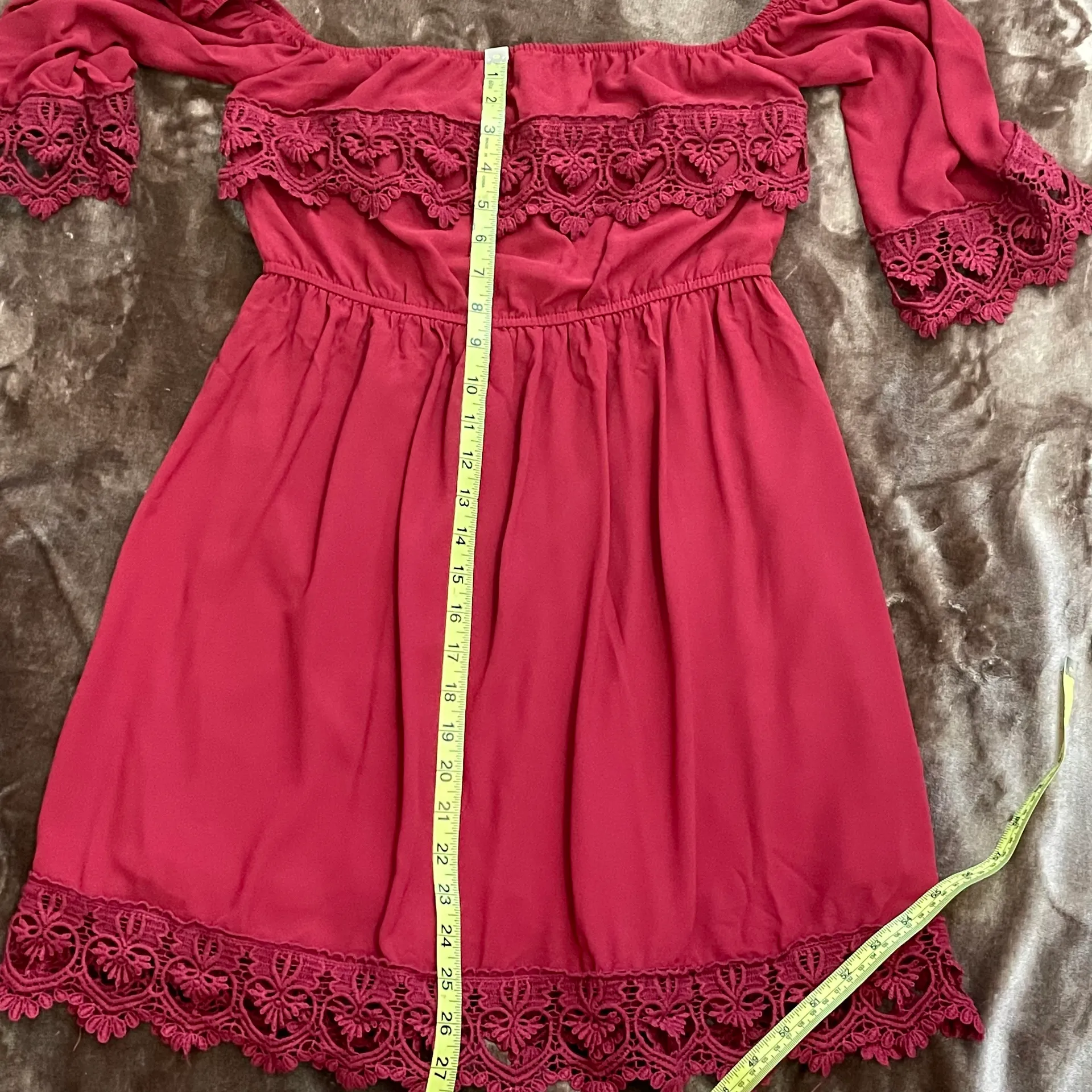 Dark Red Wine Off The Shoulder Crocheted Lace Dress Small - Image 9