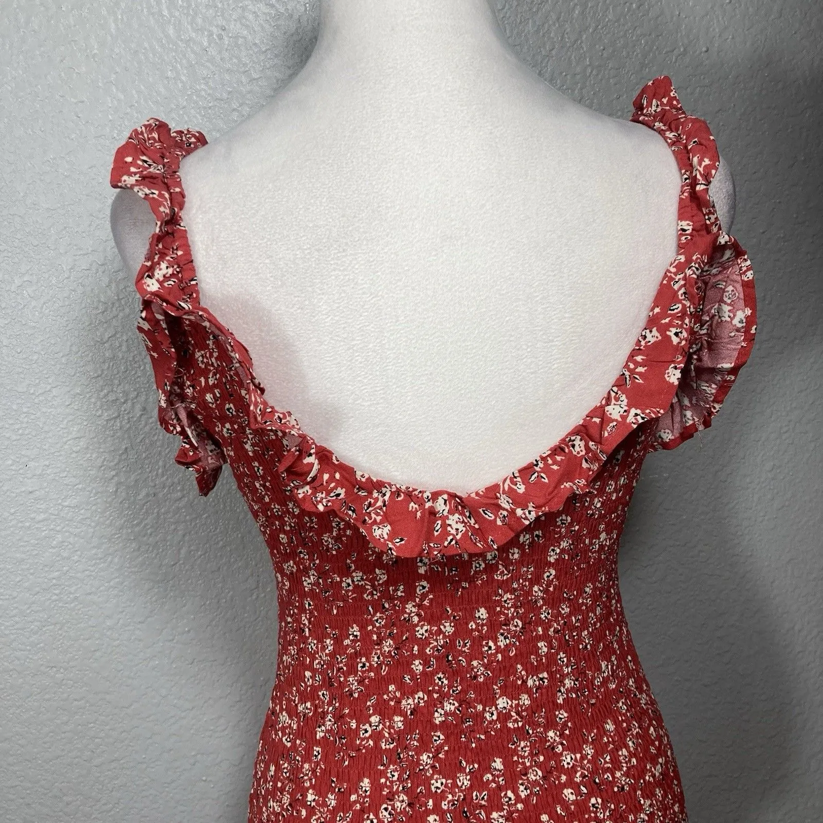Y2K Smocked Mini Sun Dress XS Ruffle Strap Bodycon Red Cottage Boho Country - Image 6