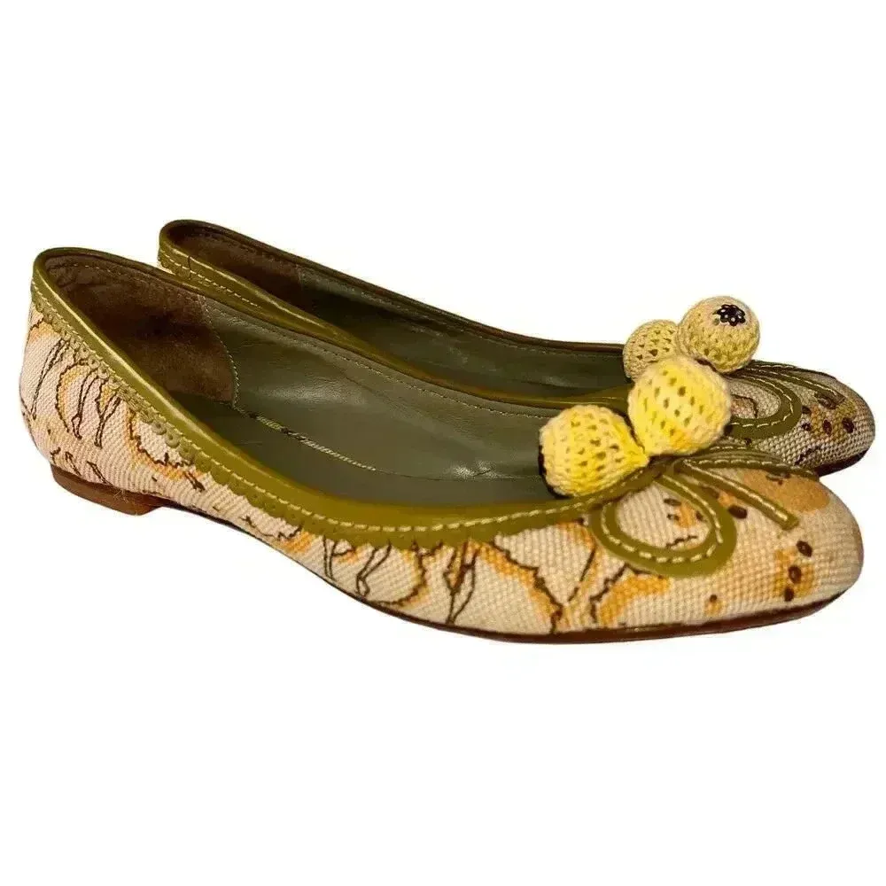 Laura Brandon‎ Anthropologie Women's Canvas Yellow Sage Pom Pom Ballet Flats 7 - Image 7