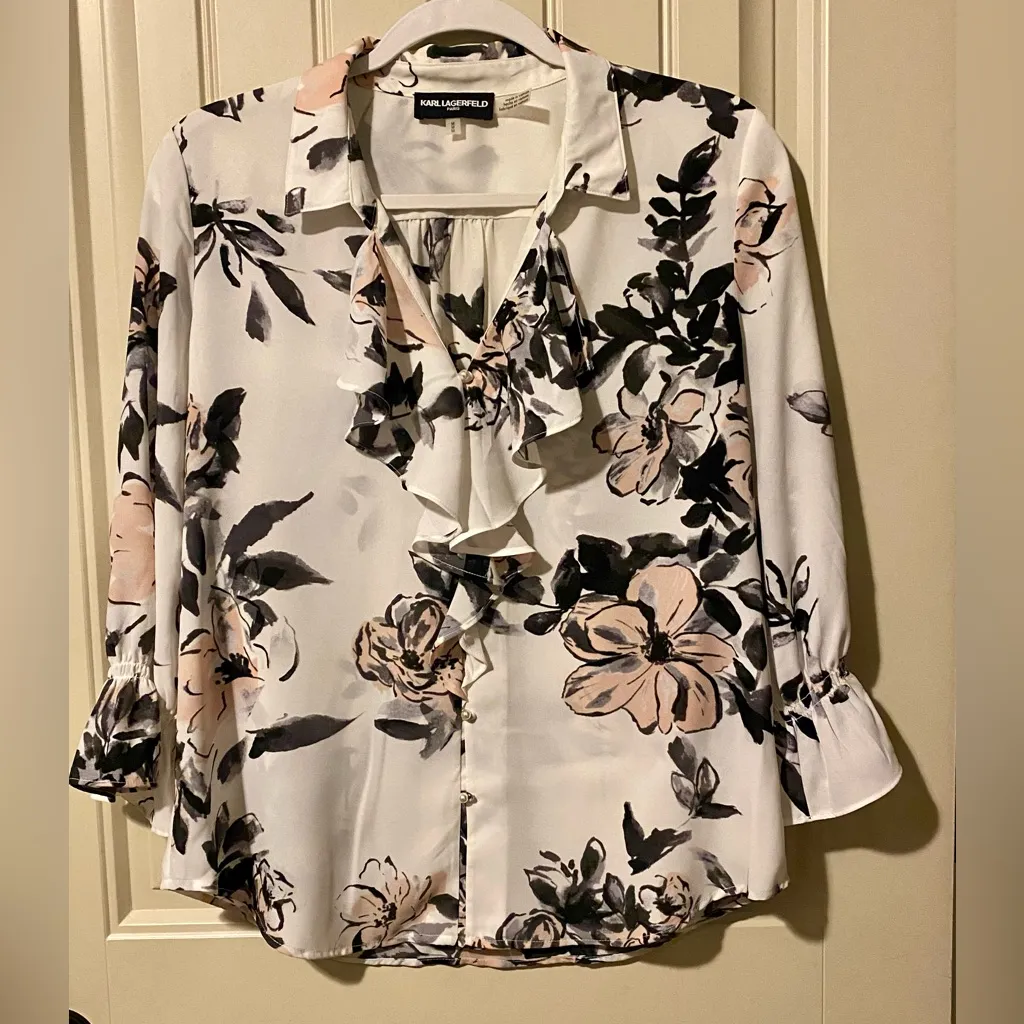 Karl Lagerfeld Paris White/Black Lacey Ruffle Floral Pearl Button Blouse Top - Image 2