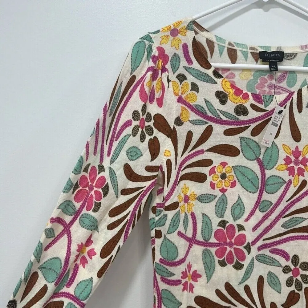 Talbots Womens Sweater XS Merino Wool Long Sleeve Floral Abstract Knit Scoop NEW - Image 5