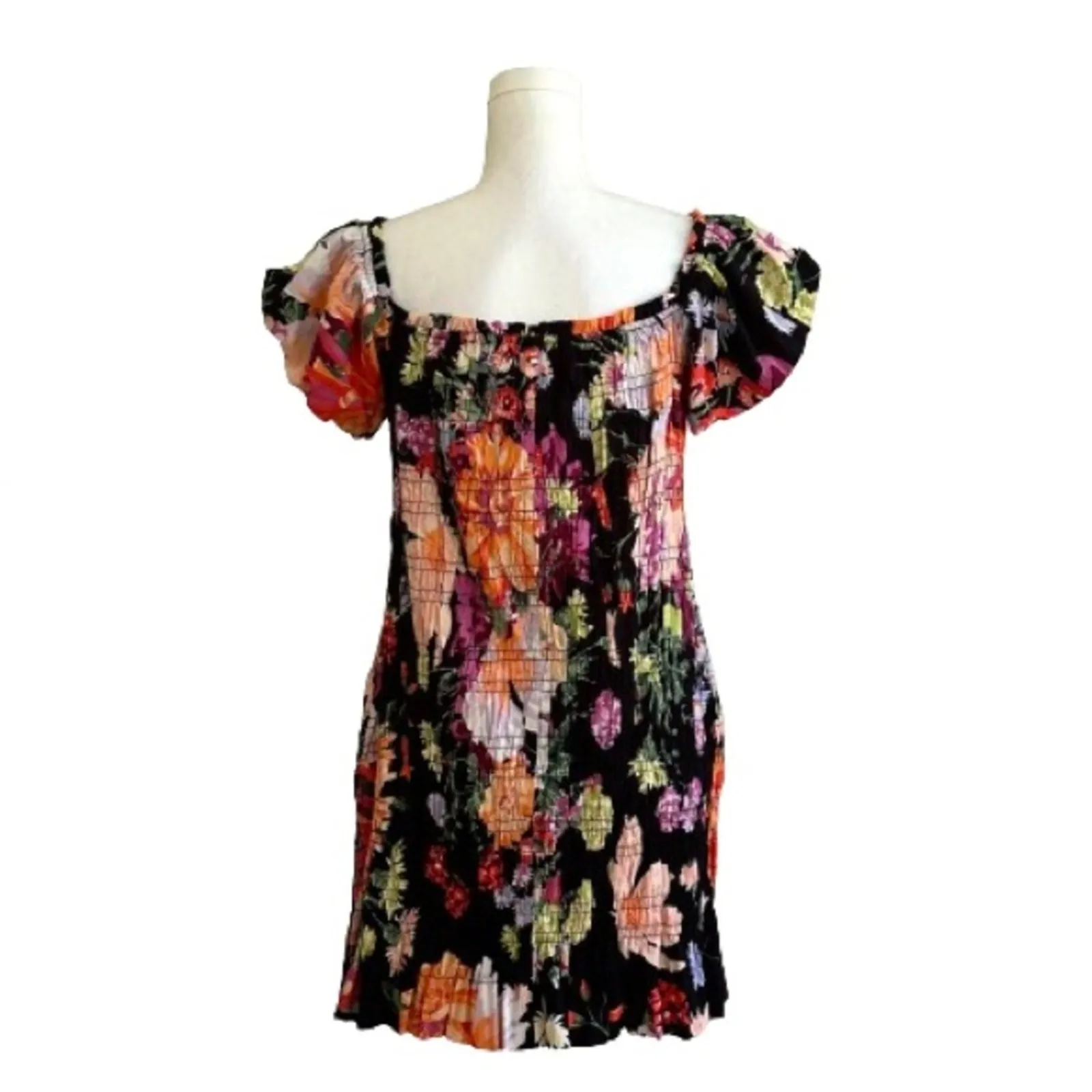 H&M Dress Black Pink Orange Floral Smocked Off Shoulder Puff Sleeve Large NEW - Image 6