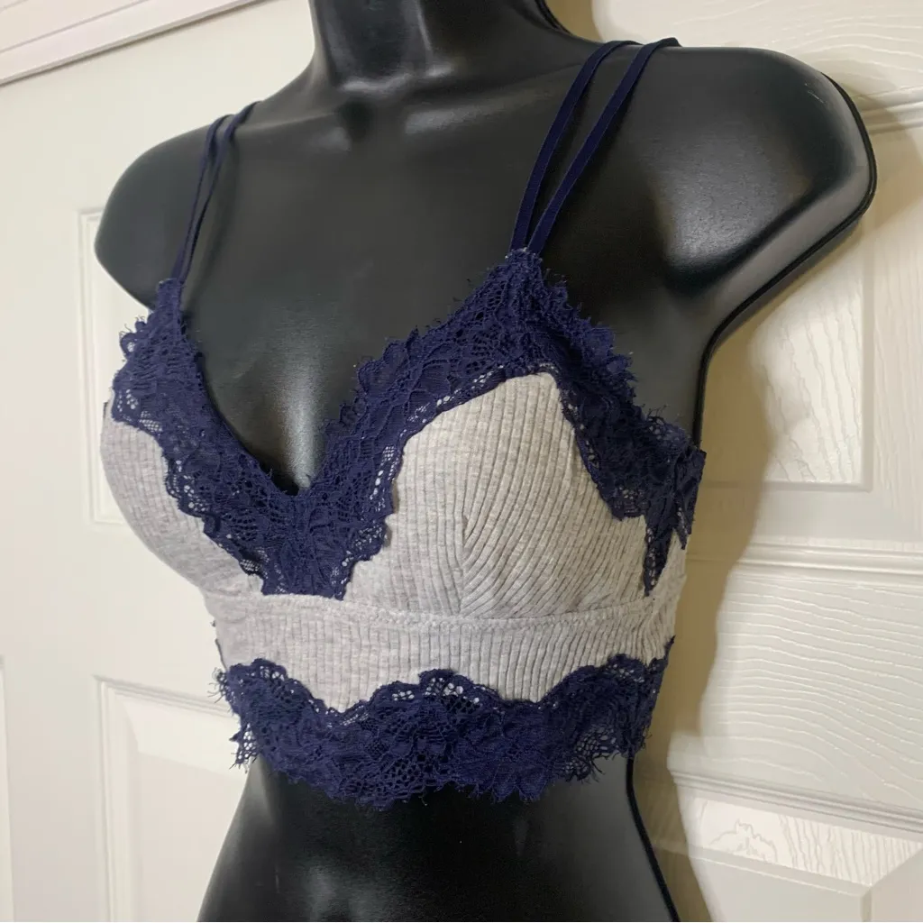 Gray Navy Lace Trim Bralette - Image 2