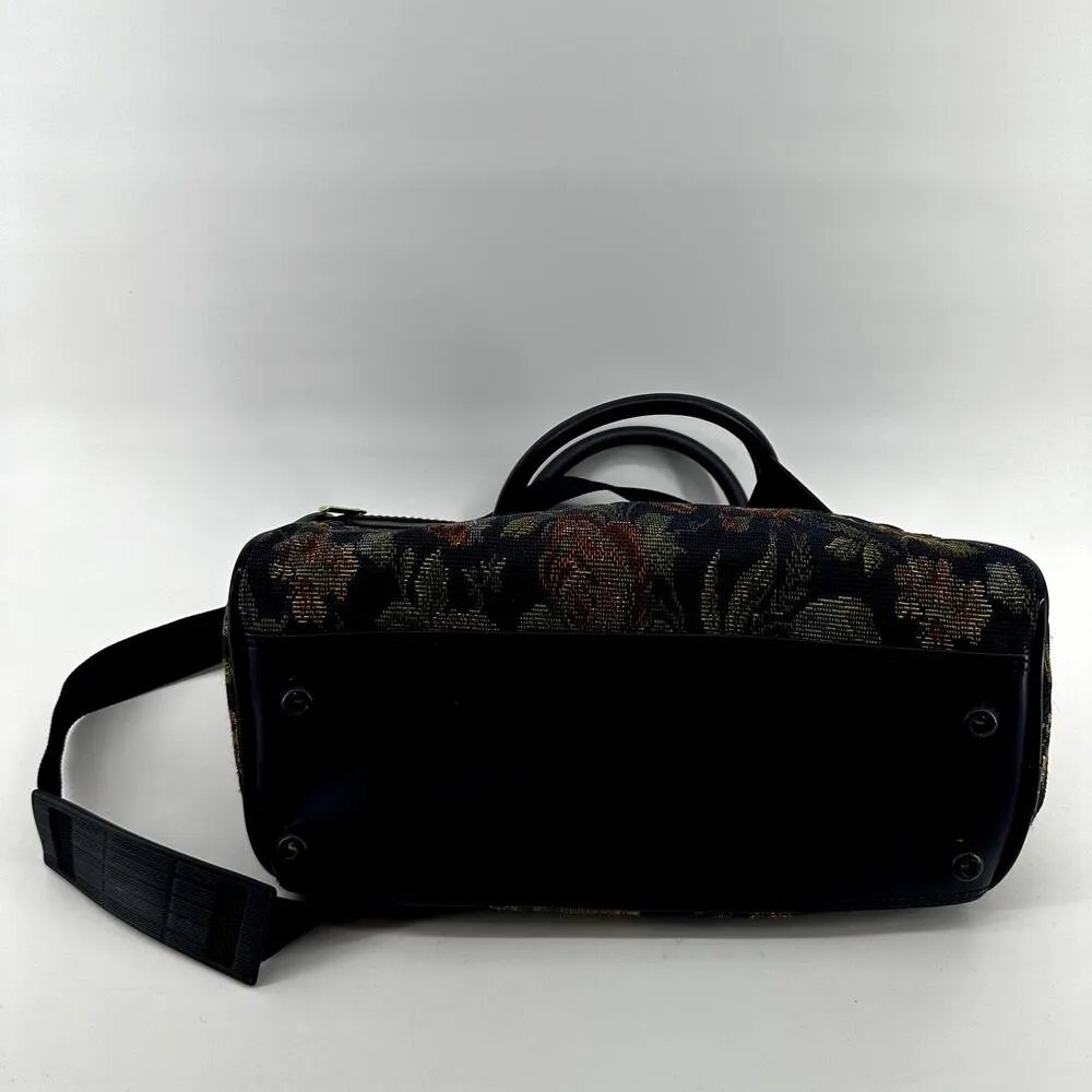 Vintage Jaguar Tapestry Floral Luggage Duffle Bag Crossbody Strap Leather Navy Blue - Image 9
