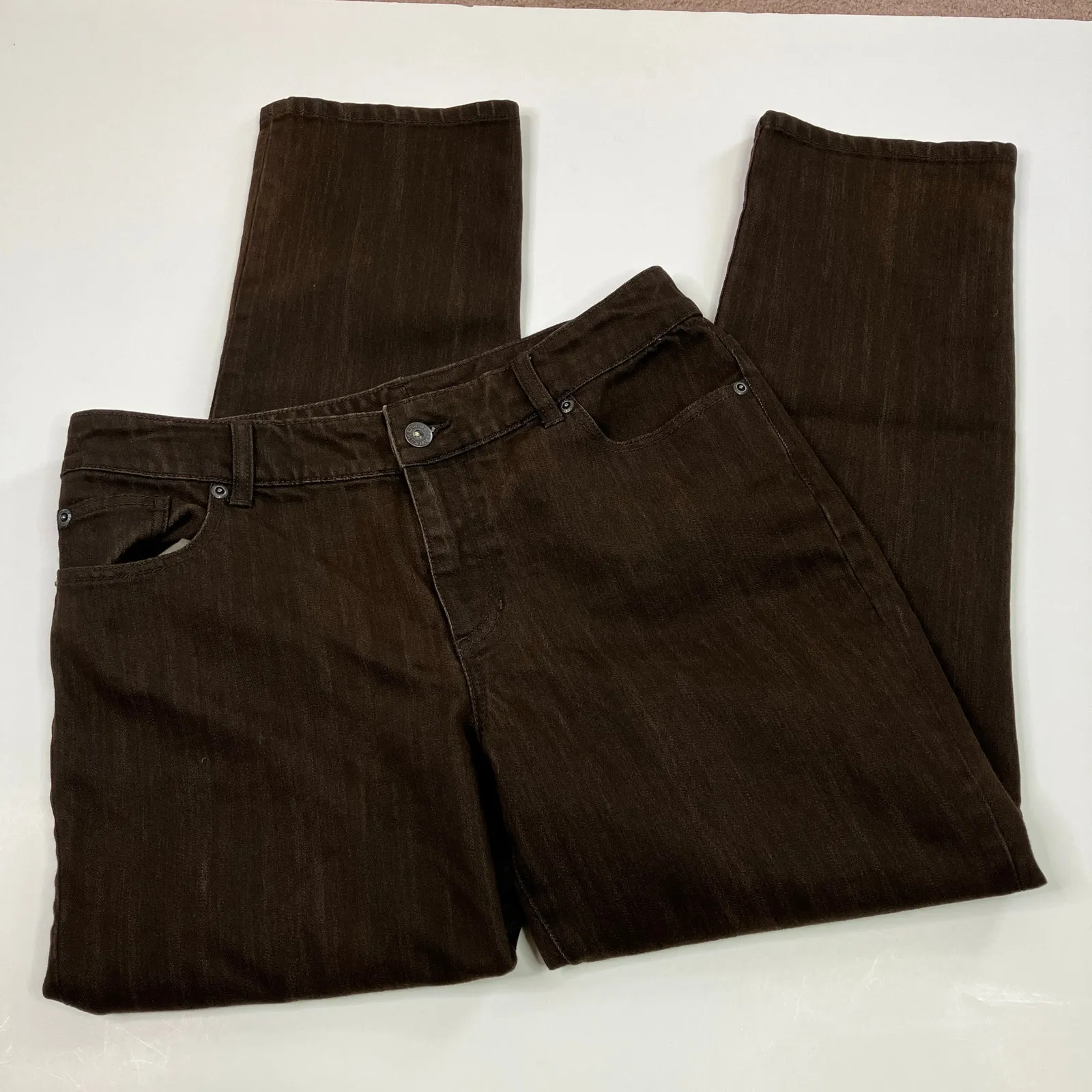 Chico's | Platinum Jeans Brown Denim Tapered Leg Cotton Blend Womens 1.5 SHORT - Image 5
