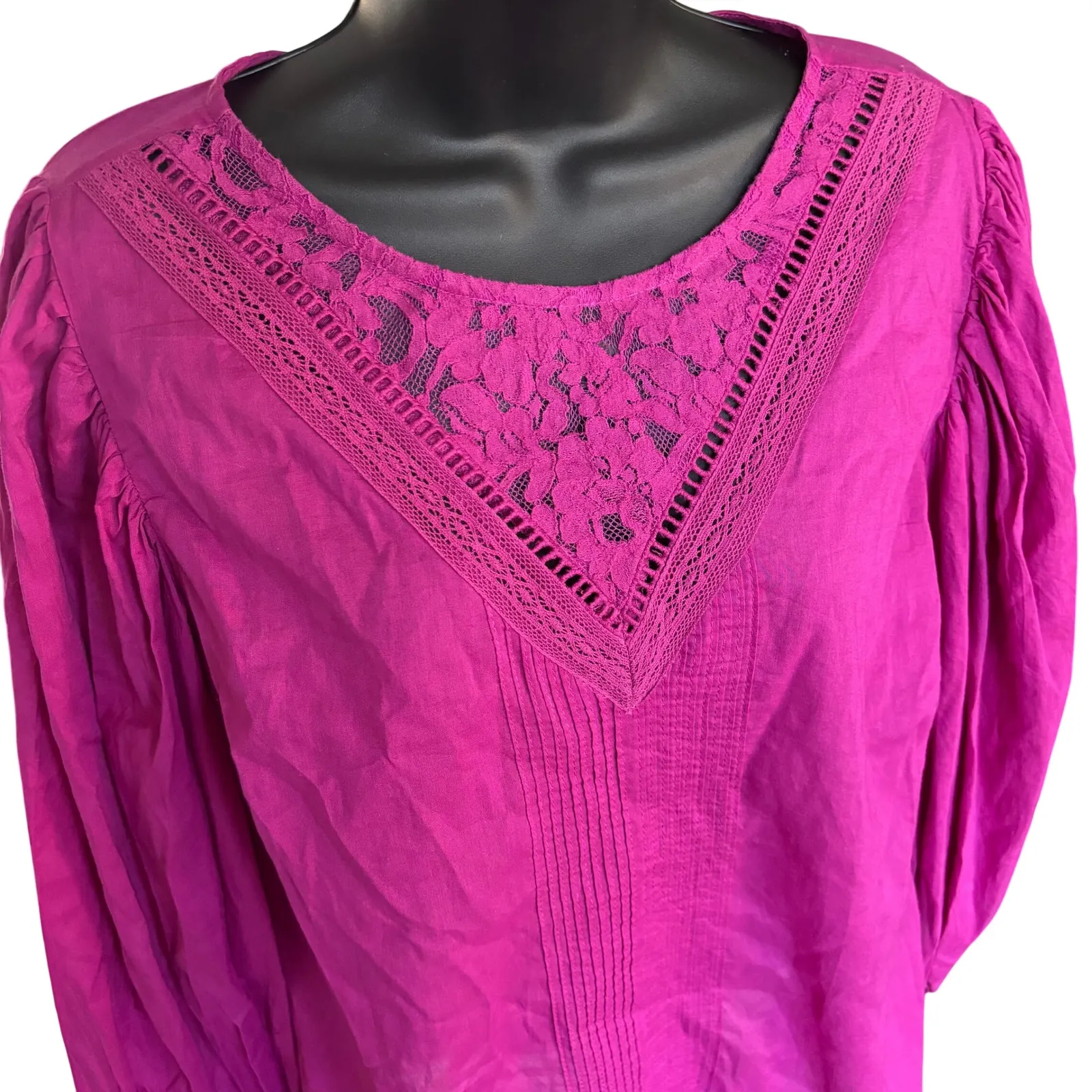 Farm Rio X Anthropologie Kelsie Peasant Blouse Sz M Purple Boho Puff Sleeve Lace - Image 2