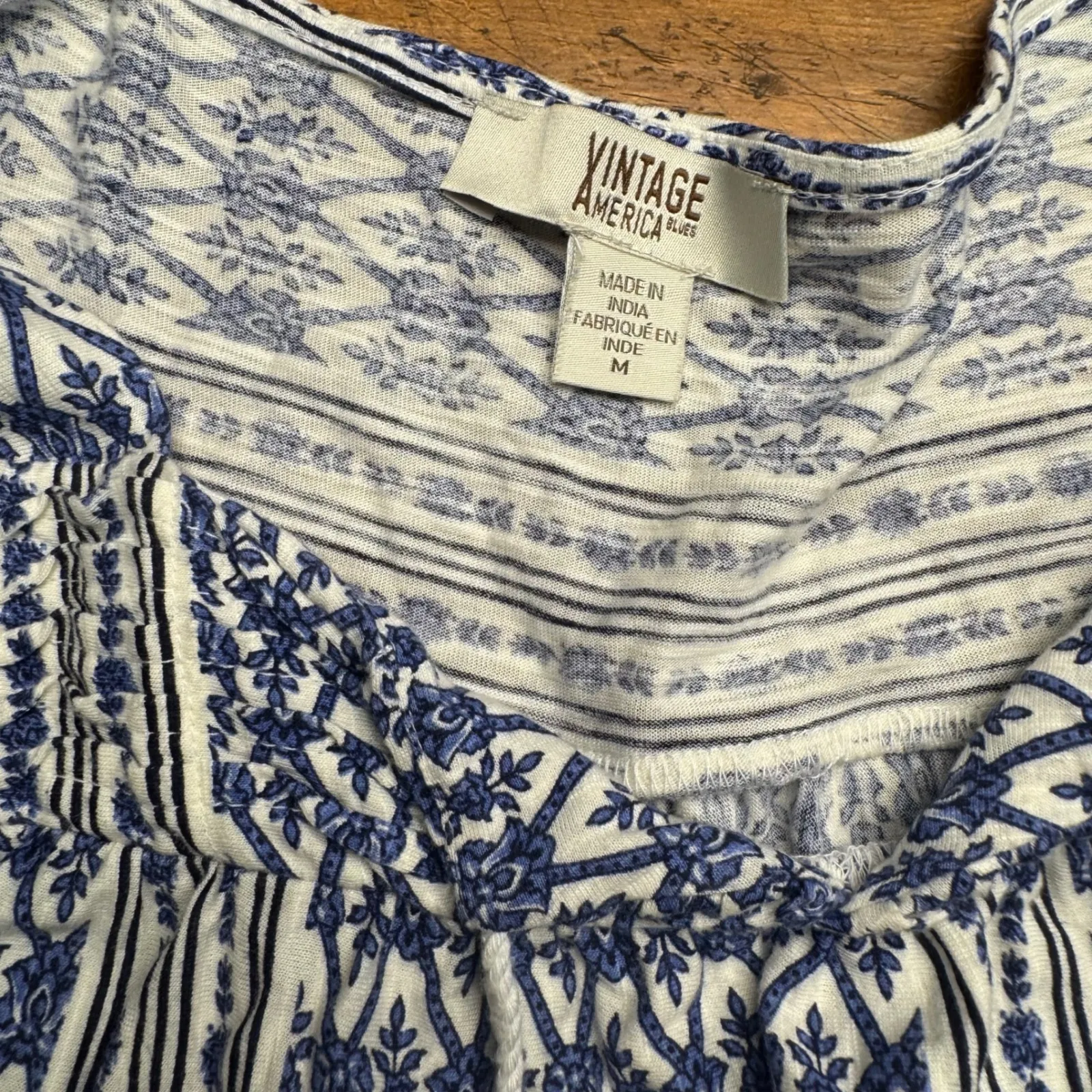 Vintage America Blues Blue White Bohemian Tassel Print Long Sleeve Top Women's M Size M - Image 3