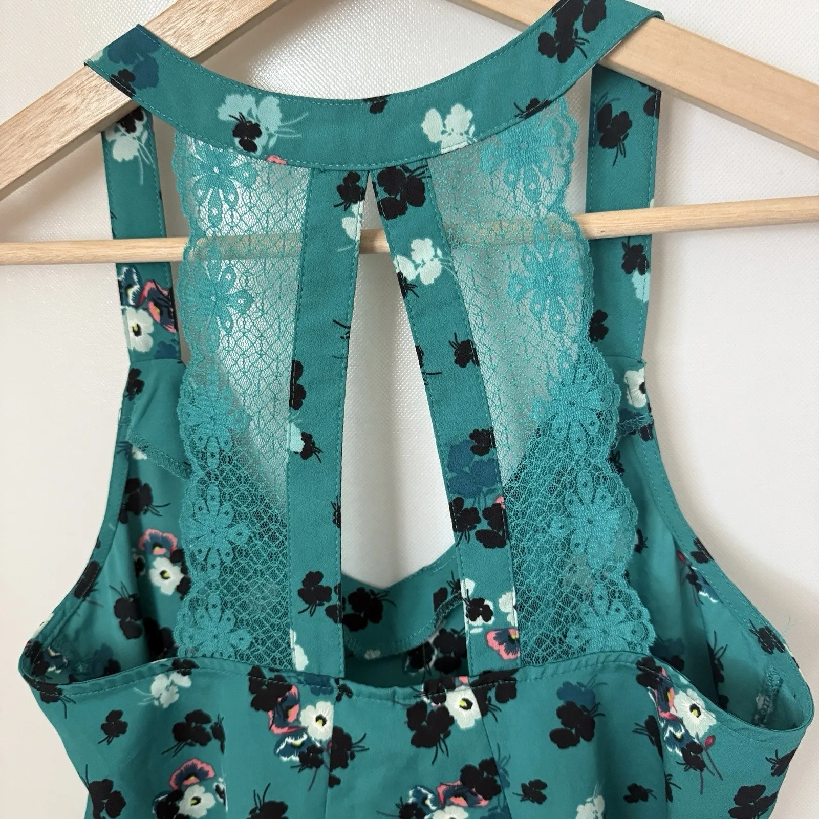 LC Lauren Conrad Cami Tank Racer Back Lace Ruffle Teal Floral Cottagecore Top XS - Image 6