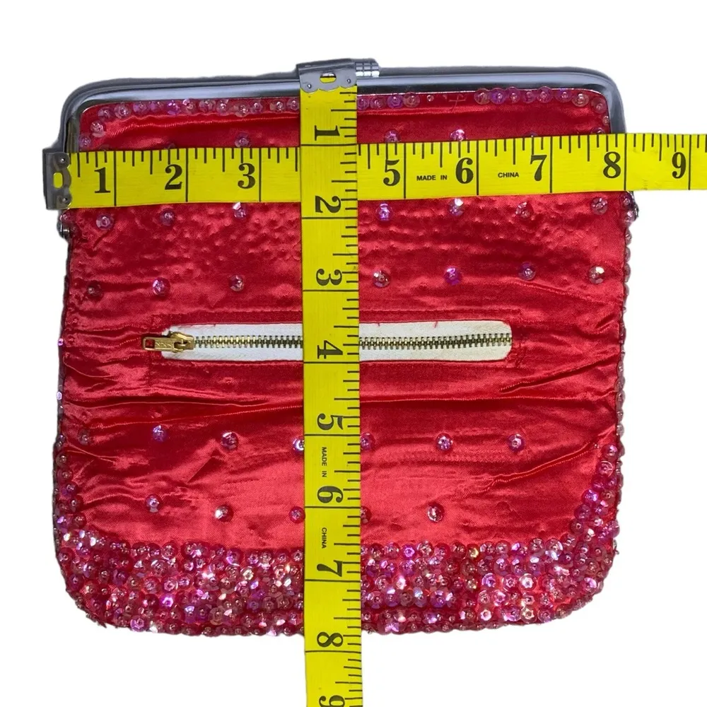 Vintage Beaded Clutch Evening Bag 1960 Sequins Folding Kiss Clasp Strawberry Red Pink - Image 11