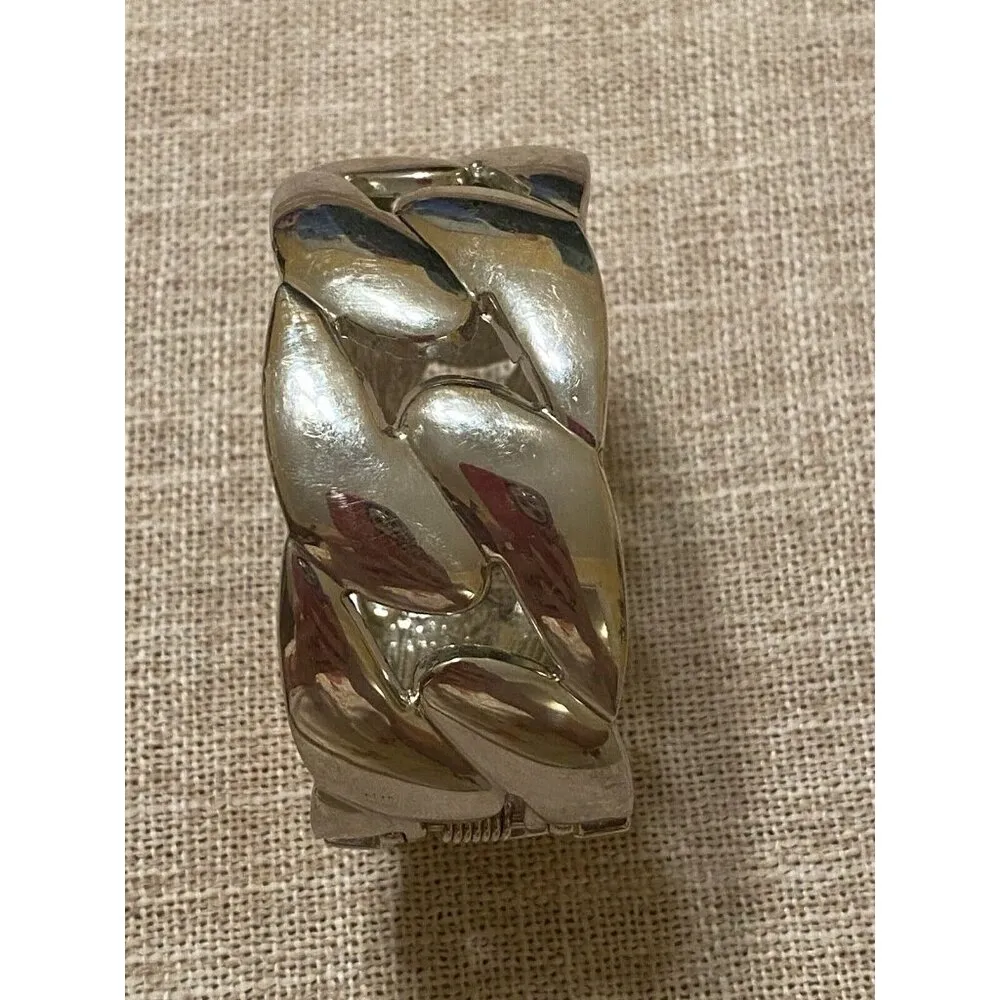 Fixed Chain Link Clamper Bracelet Bangle Silver Tone Clear Rhinestones 7" - Image 3