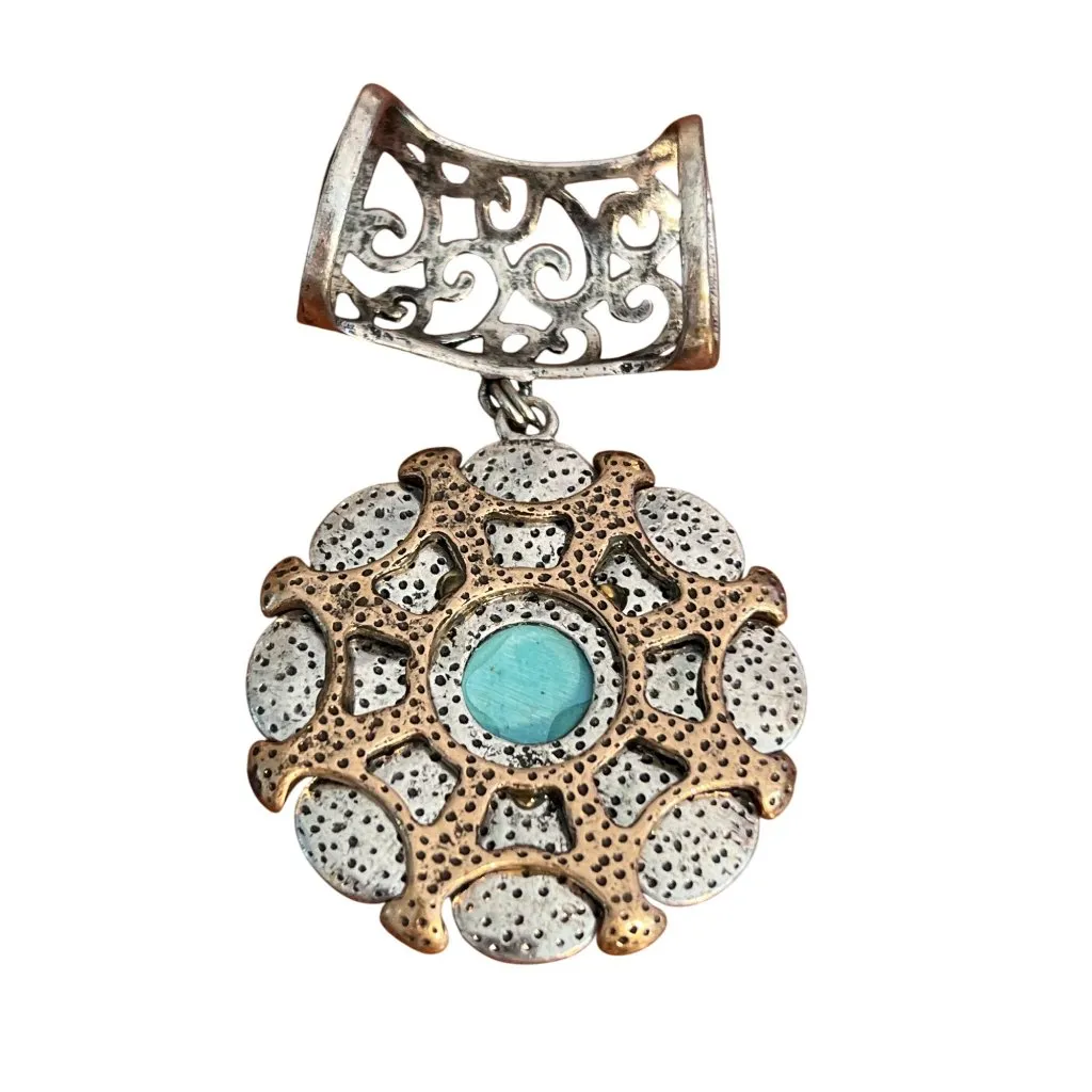 Vintage Silver Tone Faux Turquoise Scarf Slide Pendant Flower Rhinestones Estate - Image 5