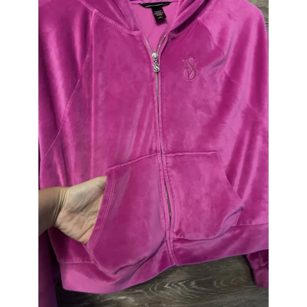Victoria’s Secret TRACKSUIT SET Velvet Jacket & Jogger Velour Hot Pink Medium - Image 4