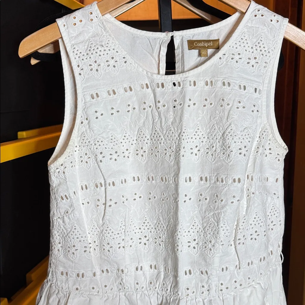 Conbipel White Eyelet Sleeveless Cotton Mini Dress Size Large (42) - Image 6