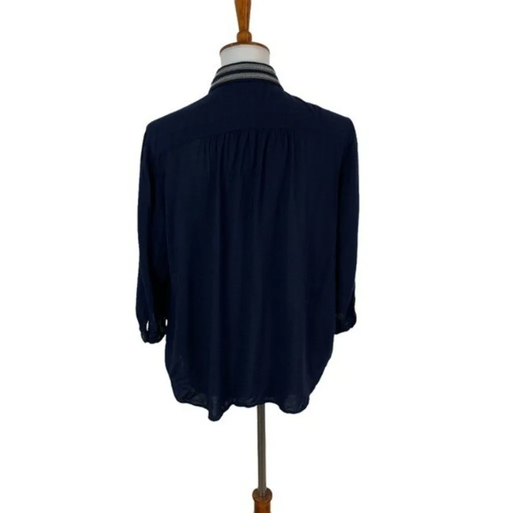 The Korner Navy Blue Blouse Metallic Collar Long Sleeve Button‎ Down Large - Image 4