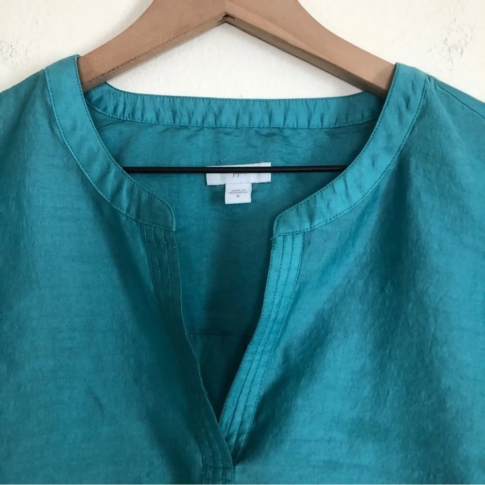 J. Jill Peasant Tunic Teal Soft Tencel Long Sleeve Split VNeck Collar Blouse Top Green Size M - Image 2