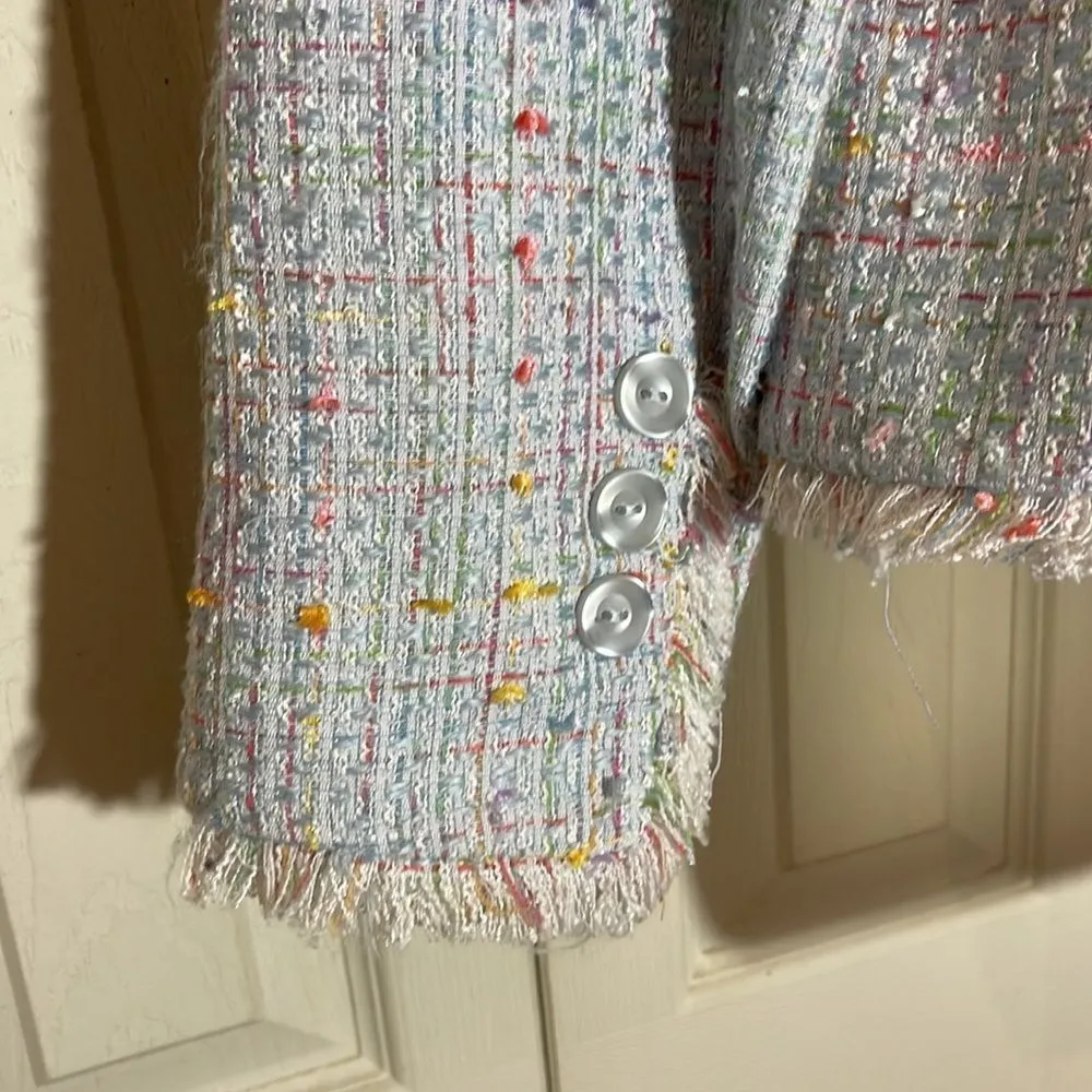 Chadwicks Vintage 1990s Cropped Boucle Fringed Blue Blazer 8P - Image 13