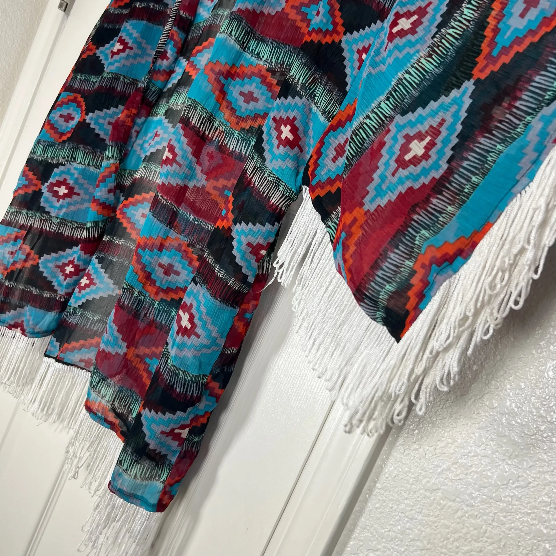 Rock & Roll Cowgirl Women’s Colorful Aztec Print Western Fringe Sheer Cover Up S - Image 3