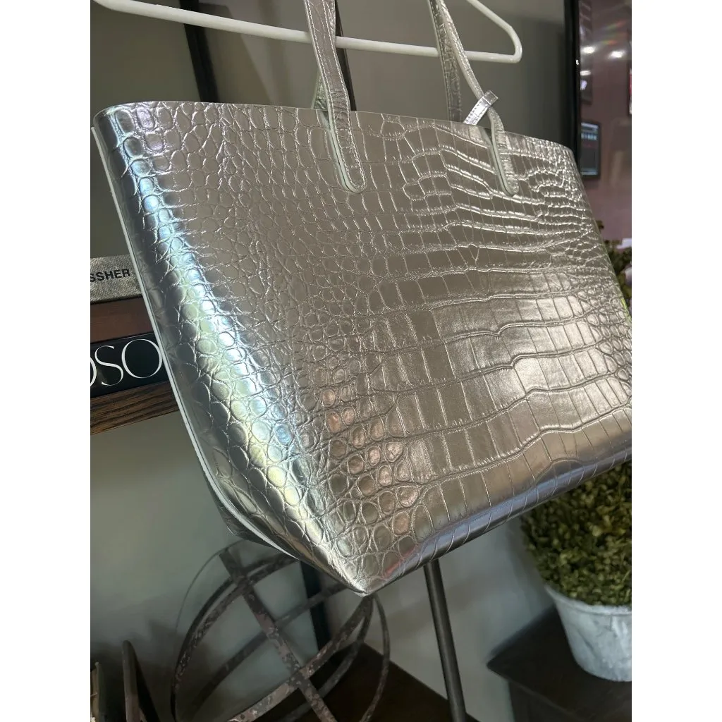 Mansur Gavriel Large Metallic Croc Tote Silver Womens Size OS - Image 7