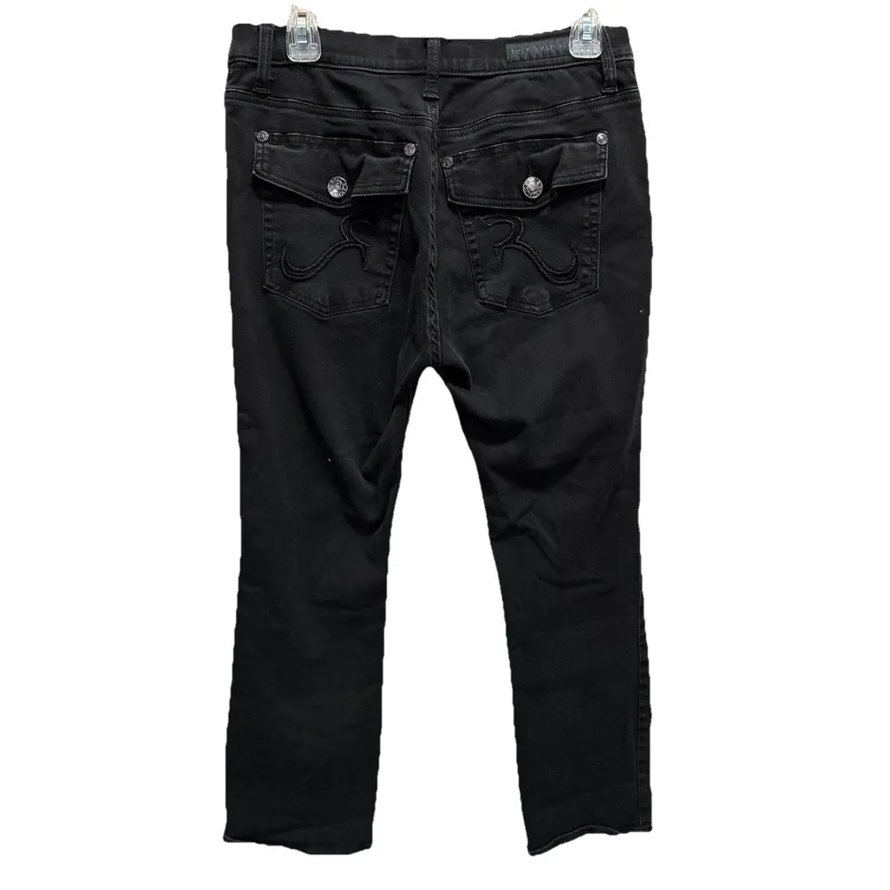 Rock & Republic Kendall Black Crop Denim Jeans Size 12 Mid Rise Pockets Zip Logo - Image 4