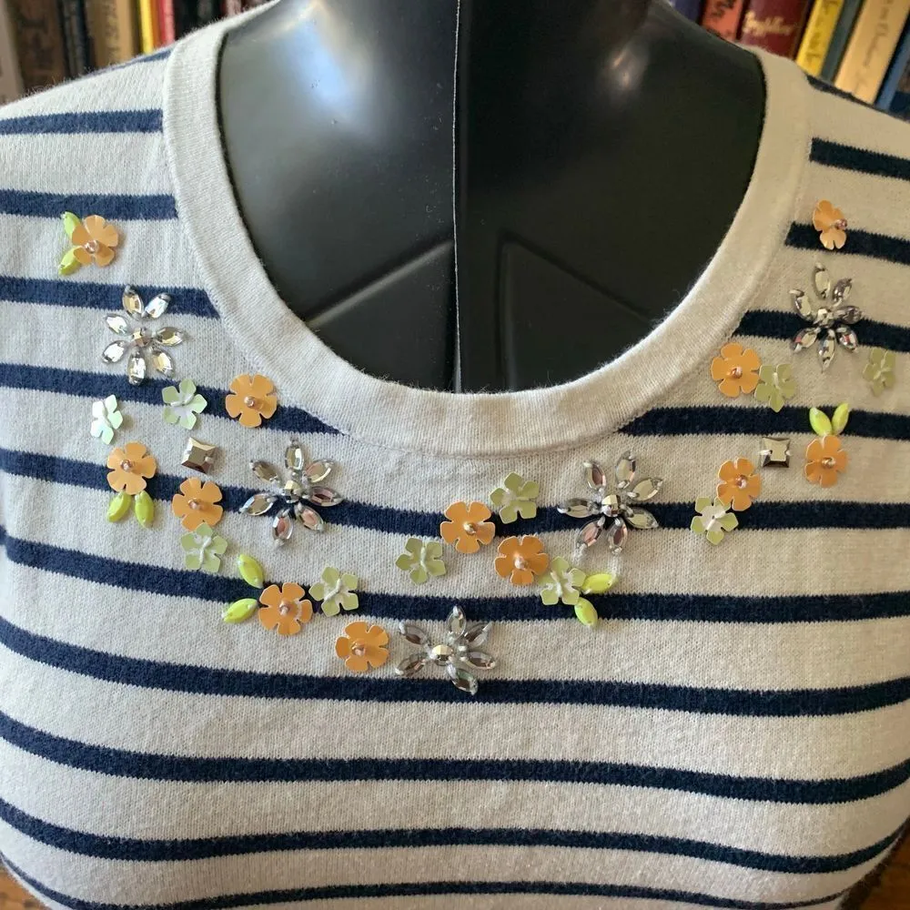 J Crew black and white Parisian striped shirt sleeve bejeweled M blouse Size M - Image 2