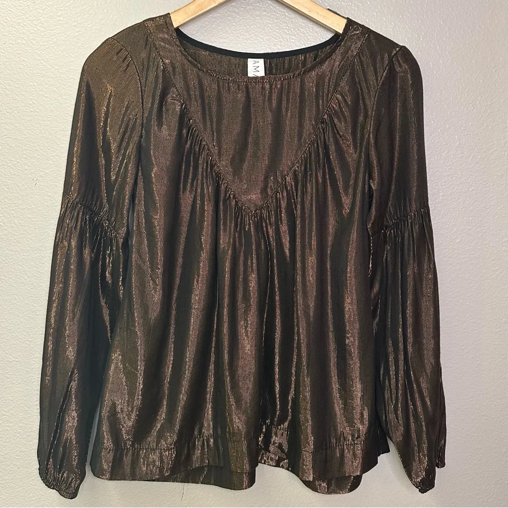 Anthropologie Amadi Merry Metallic Bronze Shimmering Brown Copper Blouse Top - Image 8