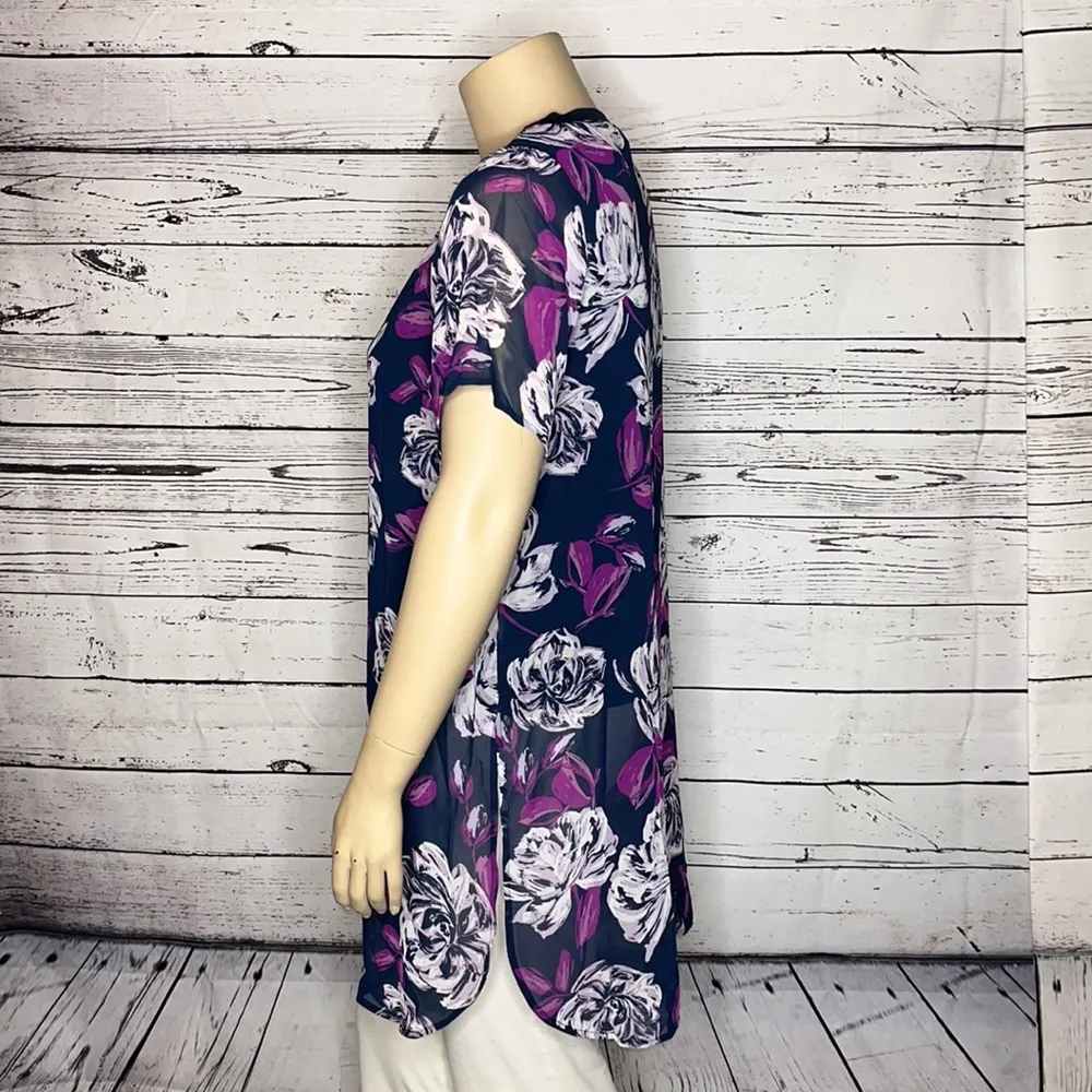Alfani Woman NWT 0X Navy - Purple Floral Print Chiffon Overlay Tunic Blouse Top - Image 3