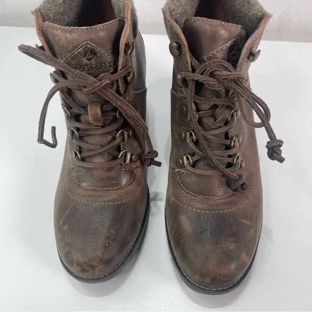 Sperry Celeste Leather Lace Wedge Ankle Boots Lined Wmn 10M Brown Gorpcore Boho - Image 3