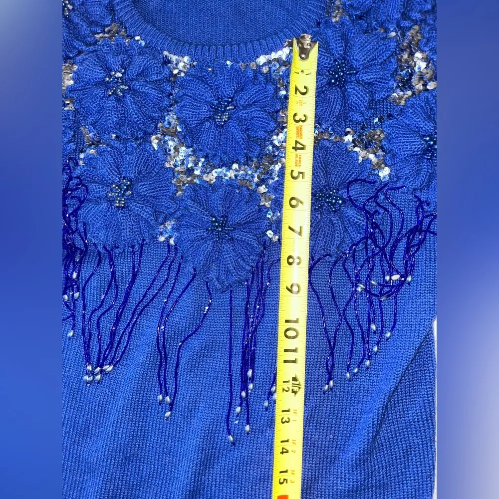 Vintage Priscilla Royal Blue Floral Sequins Beaded Fringe Acrylic Sweater Size XL - Image 5