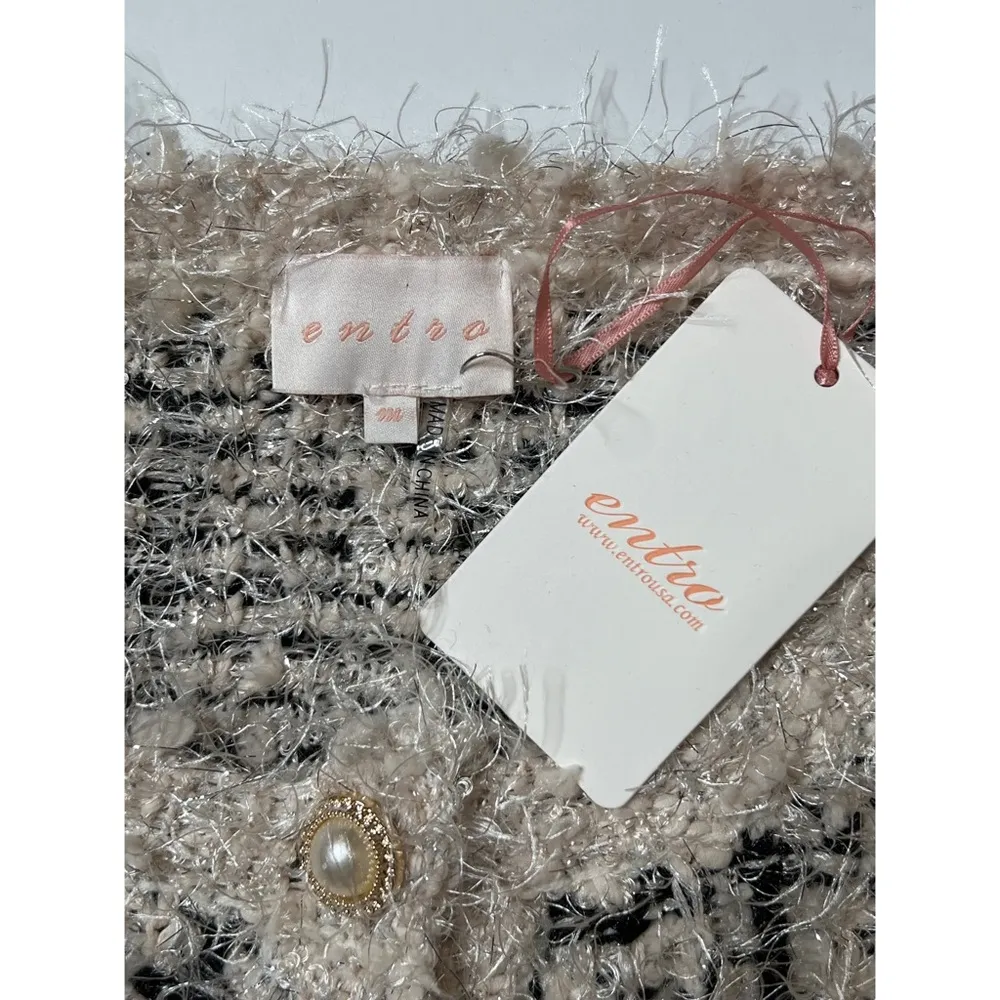 Entro Cream/Black Eyelash Metallic Cardigan  Sz M Women - Image 9