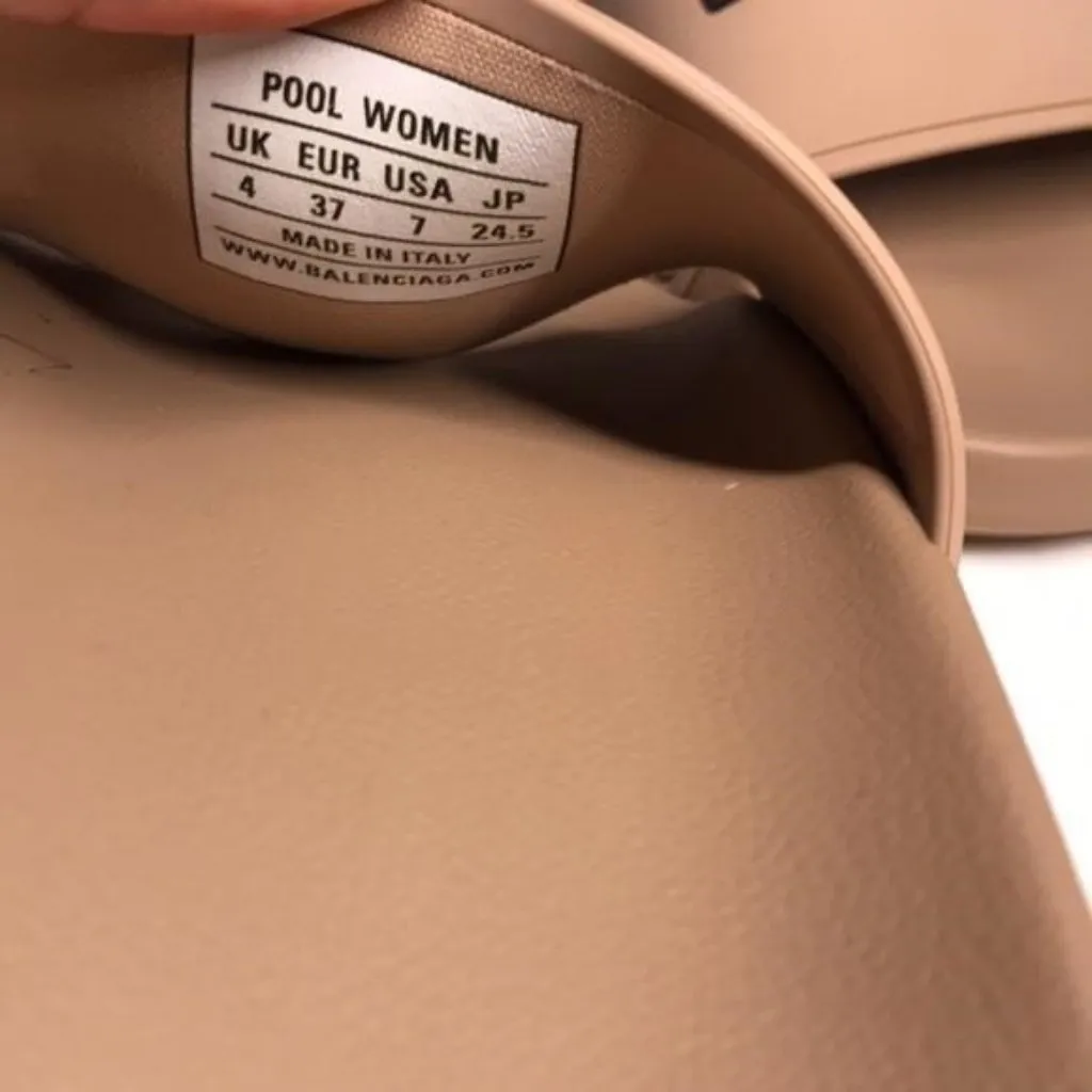 100% Authentic Balenciaga Pool Slide Sandals – Beige w/ Black Logo - Image 3
