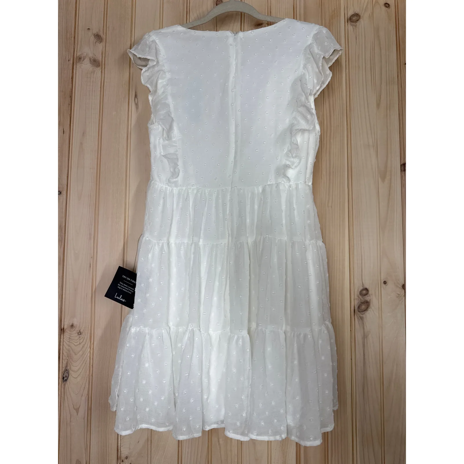 NWT Lulus Dreamy Designs White Ruffled Tiered Swiss Dot Mini Dress Summer Sz M - Image 5