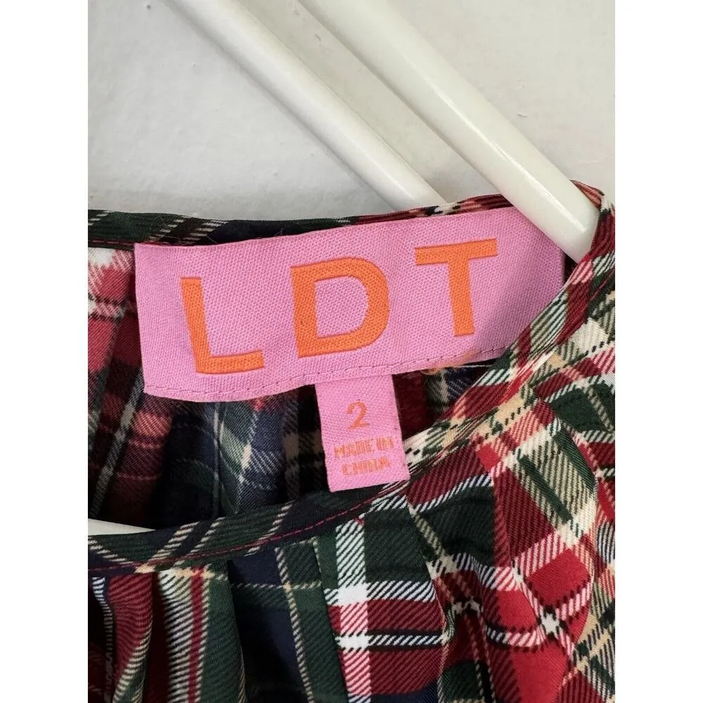 LDT‎ Rachel Plaid Round Neck 3/4 Puff Sleeve Ruffled Poof Swing Dress Size 2/S Red - Image 3