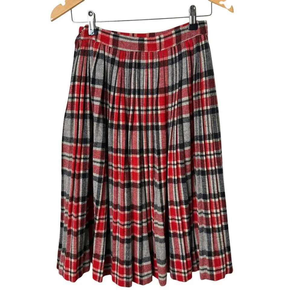 Vintage 70s Wool Pleated Skirt Red Gray Plaid Tartan High Waist, Size‎ Small - Image 6