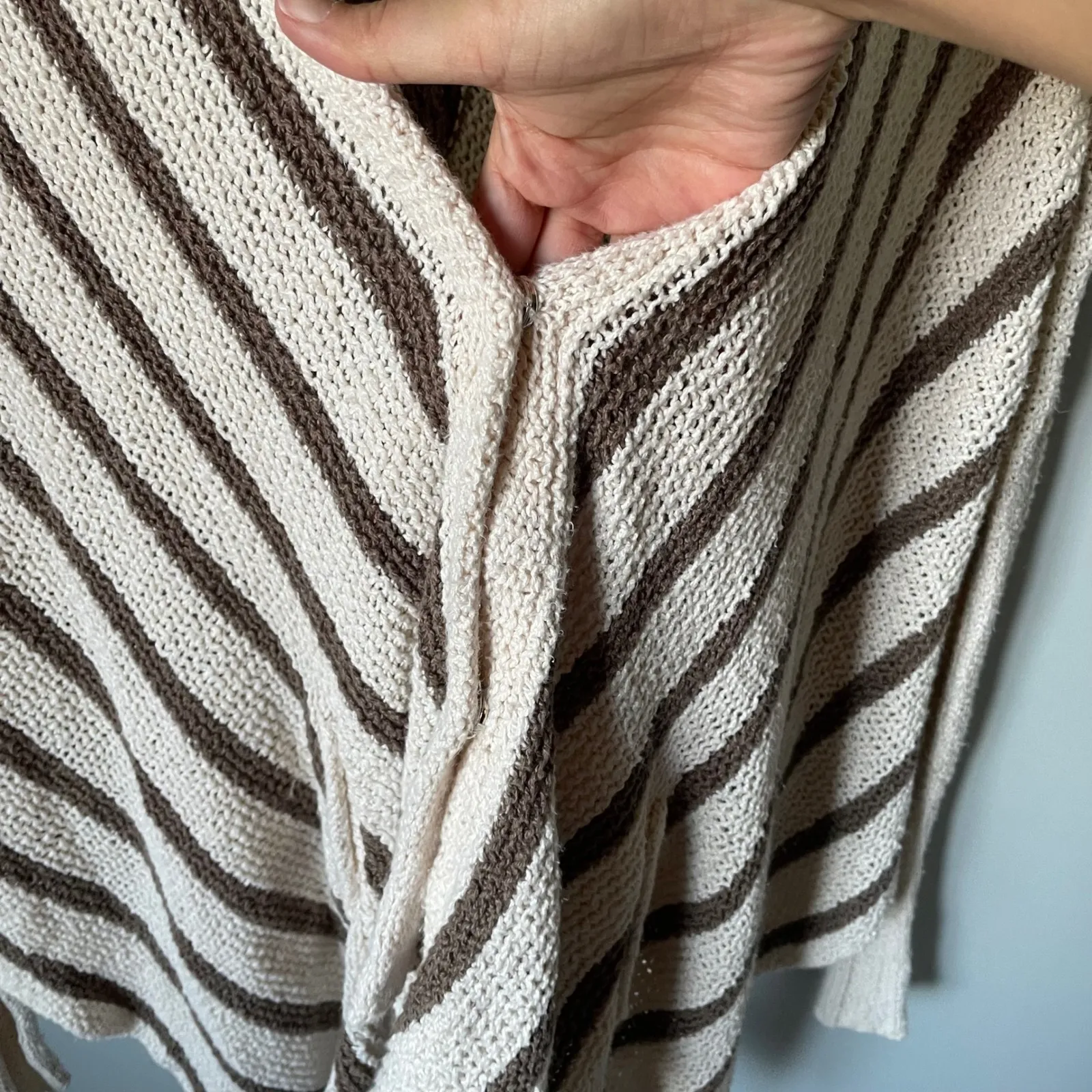 Free People Striped Asymmetrical Knit Cardigan Open Front Pockets Cream Brown XS - Image 7