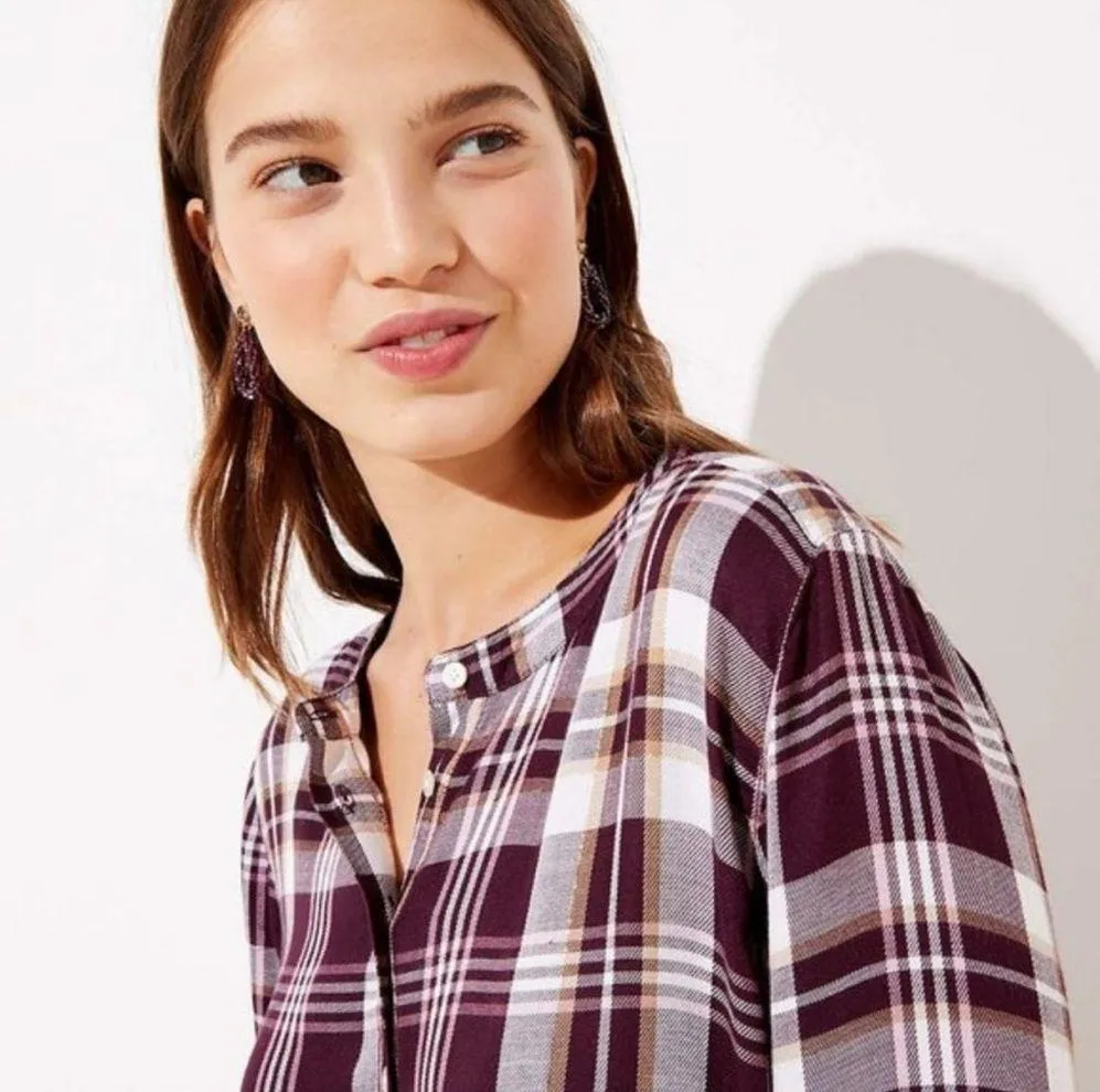 Shimmer Plaid Henley Popover Blouse Plum Size Small - Image 2