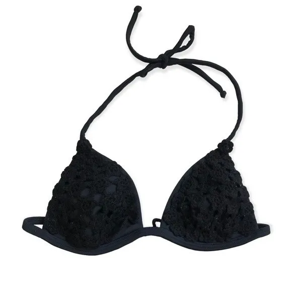 Black Embroidered Triangle Halter Neck Padded Swim Bra - Image 30