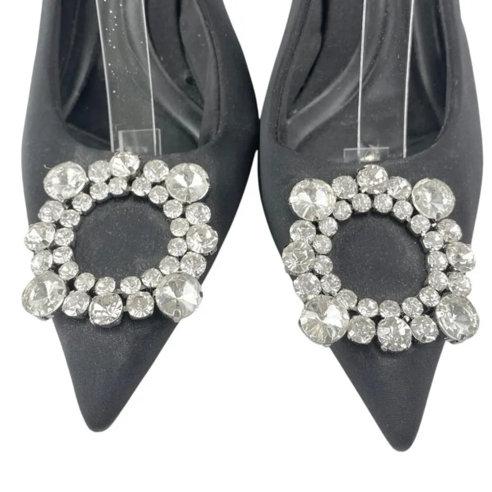 Zara Black Embellished Rhinestone Pointed Slingback Pumps Kitten Heels Size 9 - Image 5