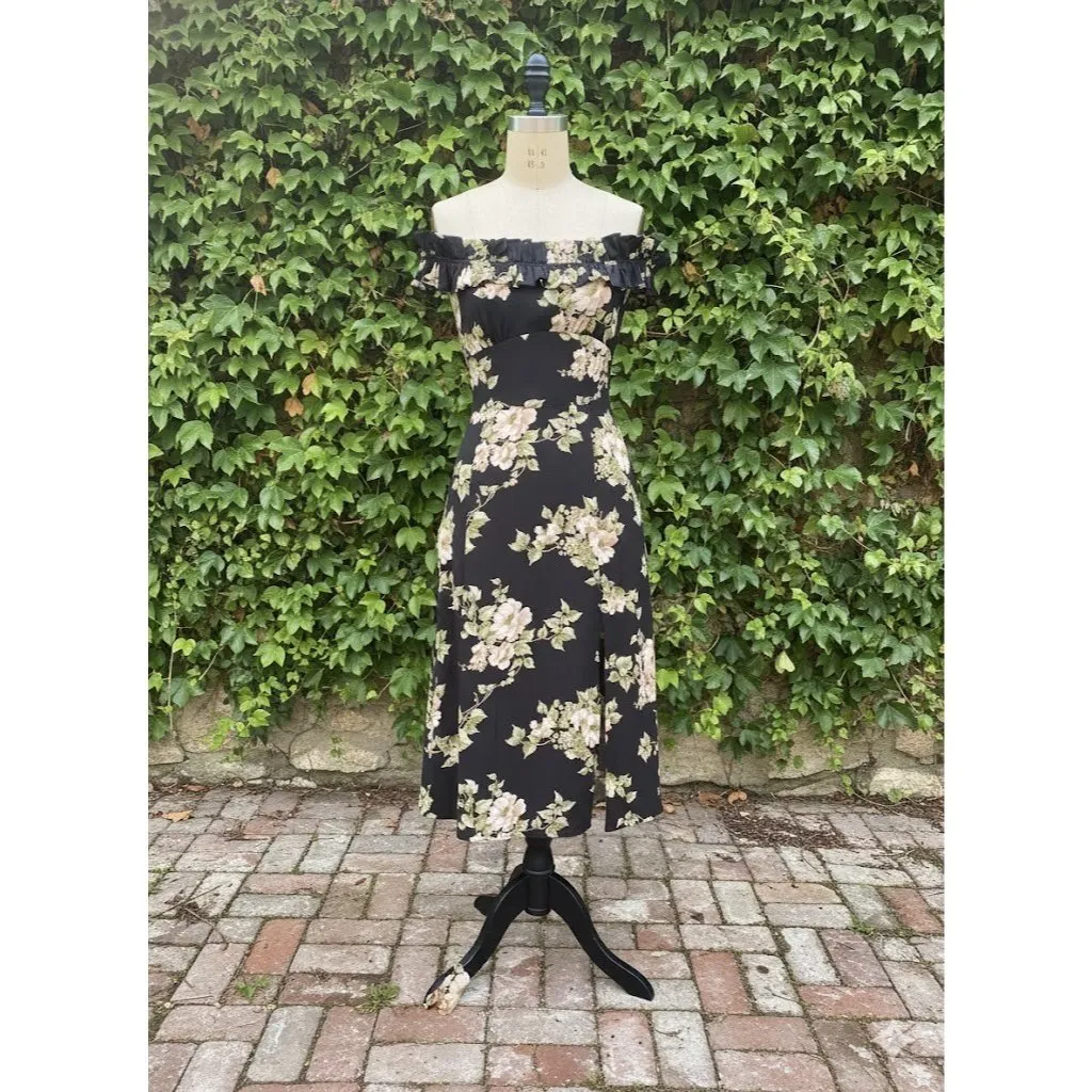 NWT Reformation Izabel in Areille Black Floral Ruffle Off Shoulder Midi Dress 8 - Image 2