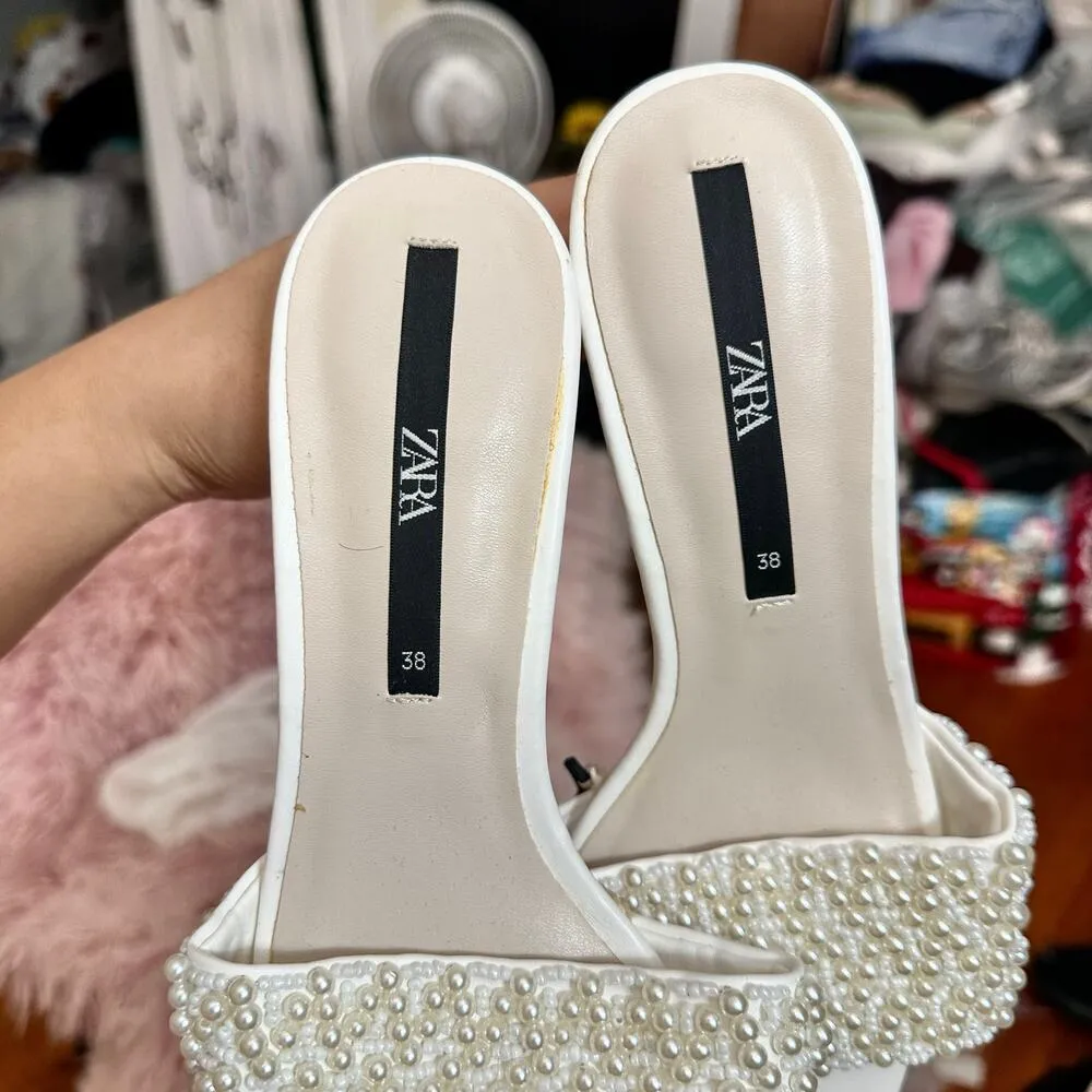 ZARA  White Pearl Beaded Heels Size 7.5 Wedding Bachelorette Feminine BloggersFav - Image 6