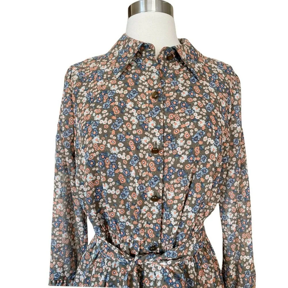 MIKAEL AGHAL Floral Shirt Dress Button Down Midi Crepe Chiffon Belt Tiered 6 NWT - Image 4