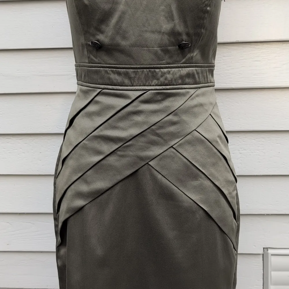 Rhapsody Satin Strapless Cocktail Dress | Juniors Olive Green Strapless Dress - Image 3
