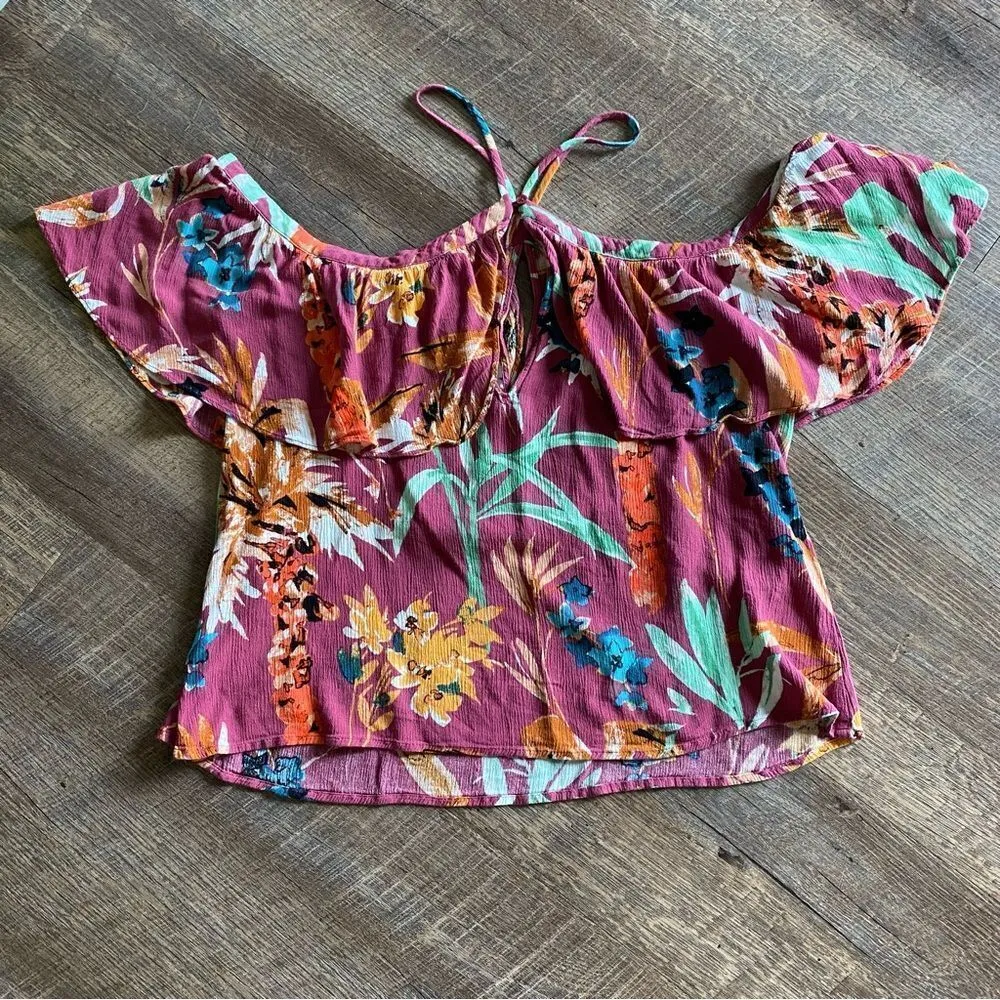Express Top Floral Off Shoulder Tropical Ruffle Hawaiian Pink Purple - Image 5