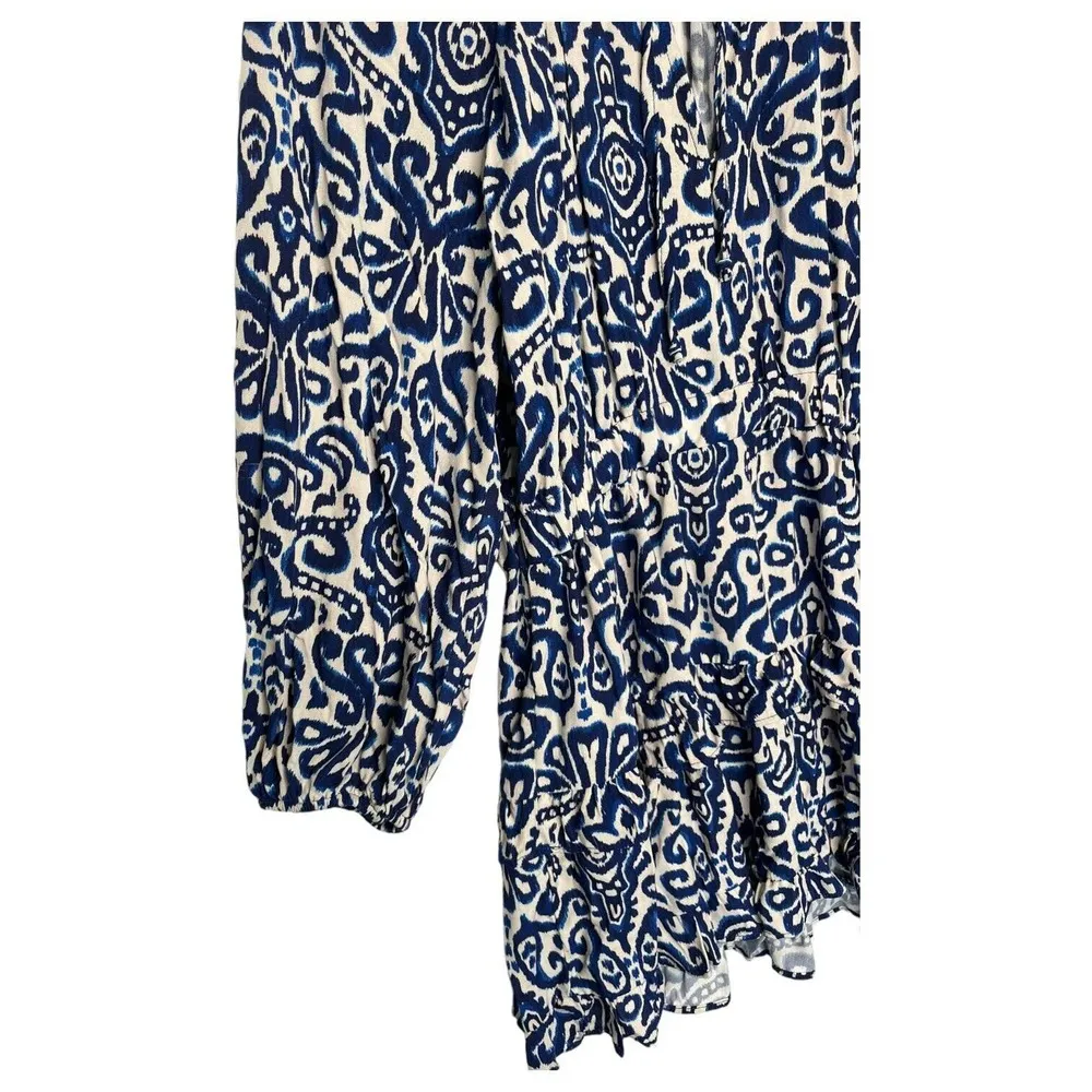 Zara Dress Womens L Geometric Ruffle Keyhole Tie Long Balloon Sleeve Blue White - Image 5