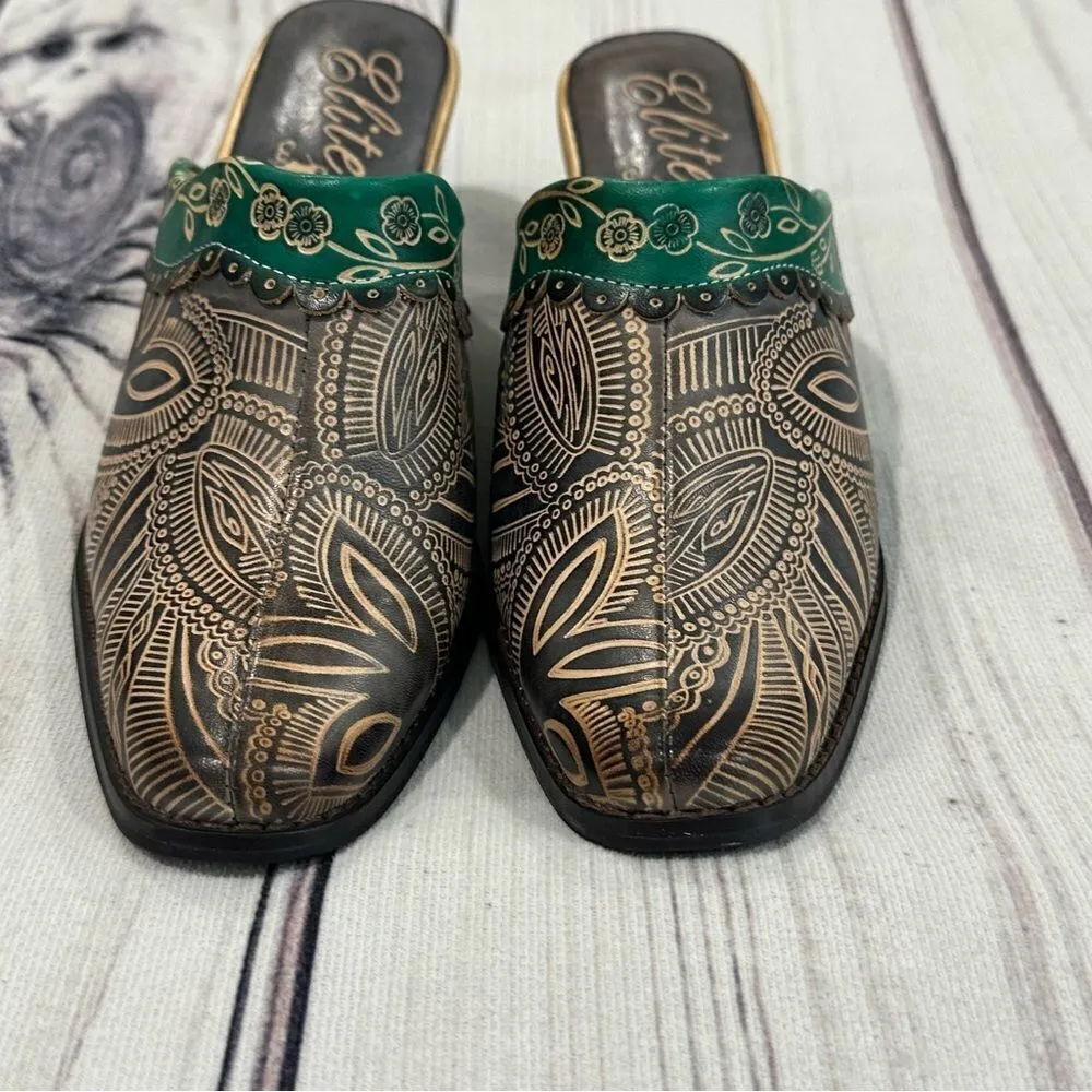 Elite by Corky's Shoes Womens 7 Scroll Leather Heeled Mules Green Brown Tan - Image 8