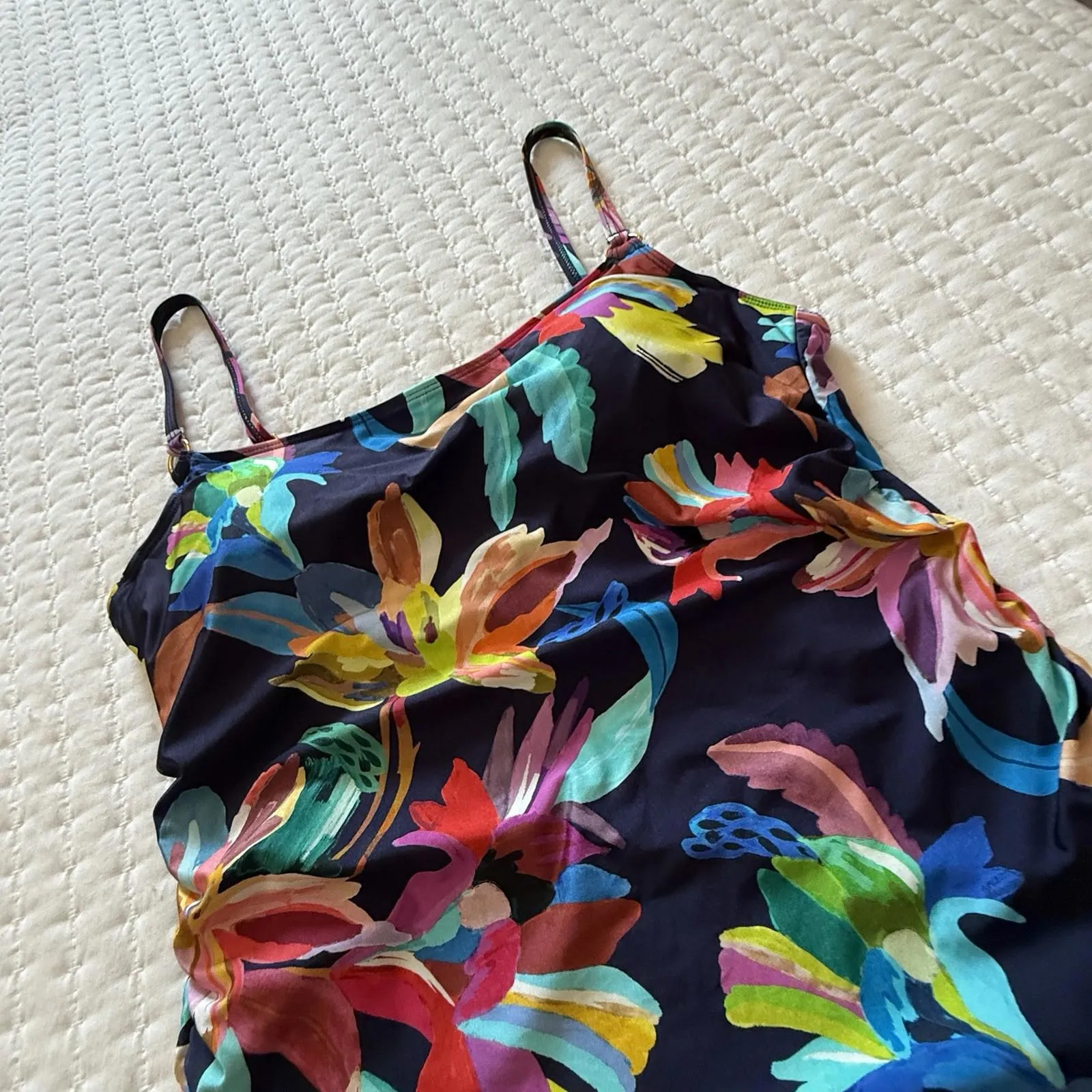 La Blanca Square Neck Ruched Tropical Flowers Blue Tankini Swim Top Sz 8 - Image 12