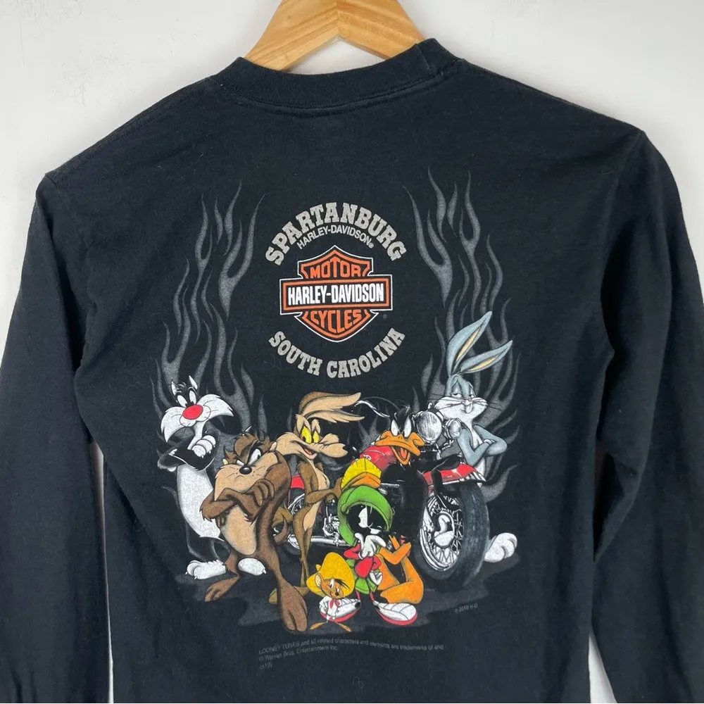 Y2K Harley Davidson Looney Tunes Retro Graphic Long Sleeve Shirt Sz XS/S Black - Image 10