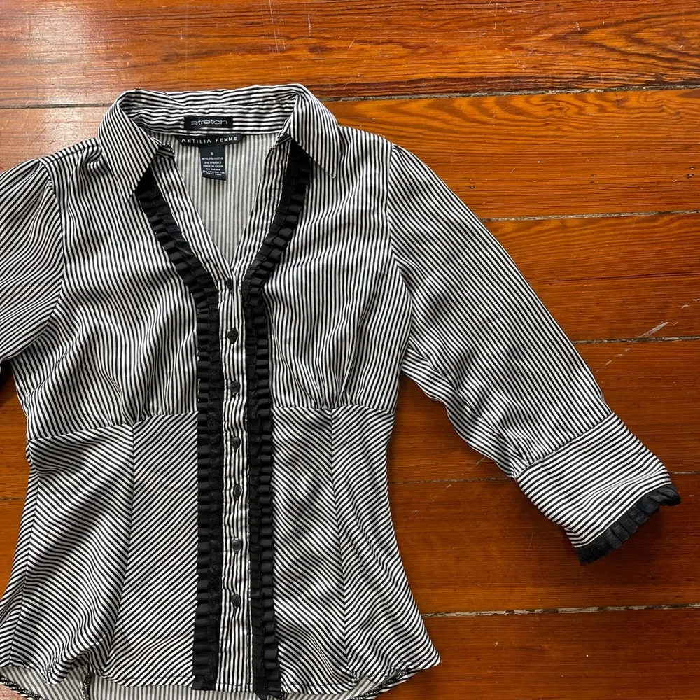 Antilia Femme Ruffle Detail Button Up Tux Style Striped Top - Image 7