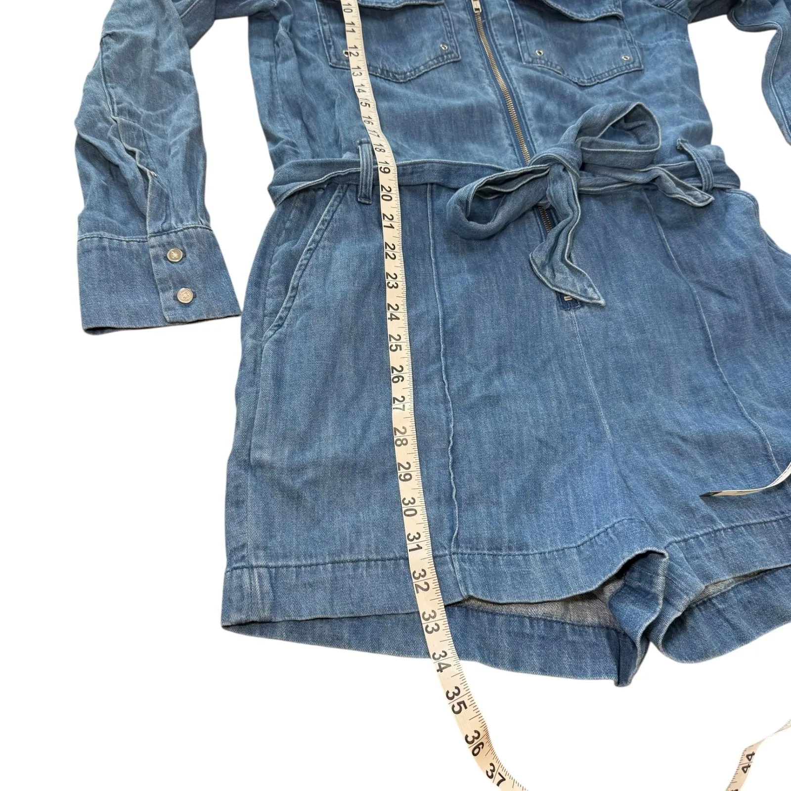 Veronica‎ Beard Jeans Denim Romper Zip Up Long Sleeve Belted Size M Blue Size M - Image 9