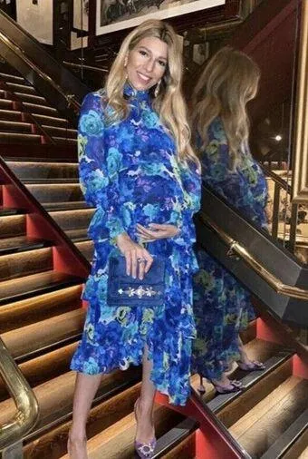 MISA Los Angeles Rania Chiffon Smock Neck Asymmetrical Midi Dress Blue Floral M - Image 1